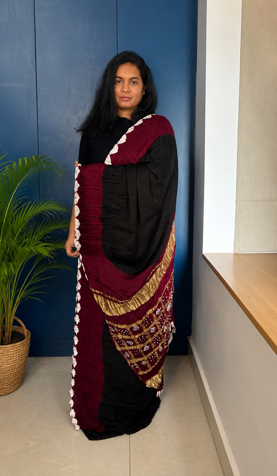 Black & Maroon Modal Saree with Garchola Lagdi Patta Pallu