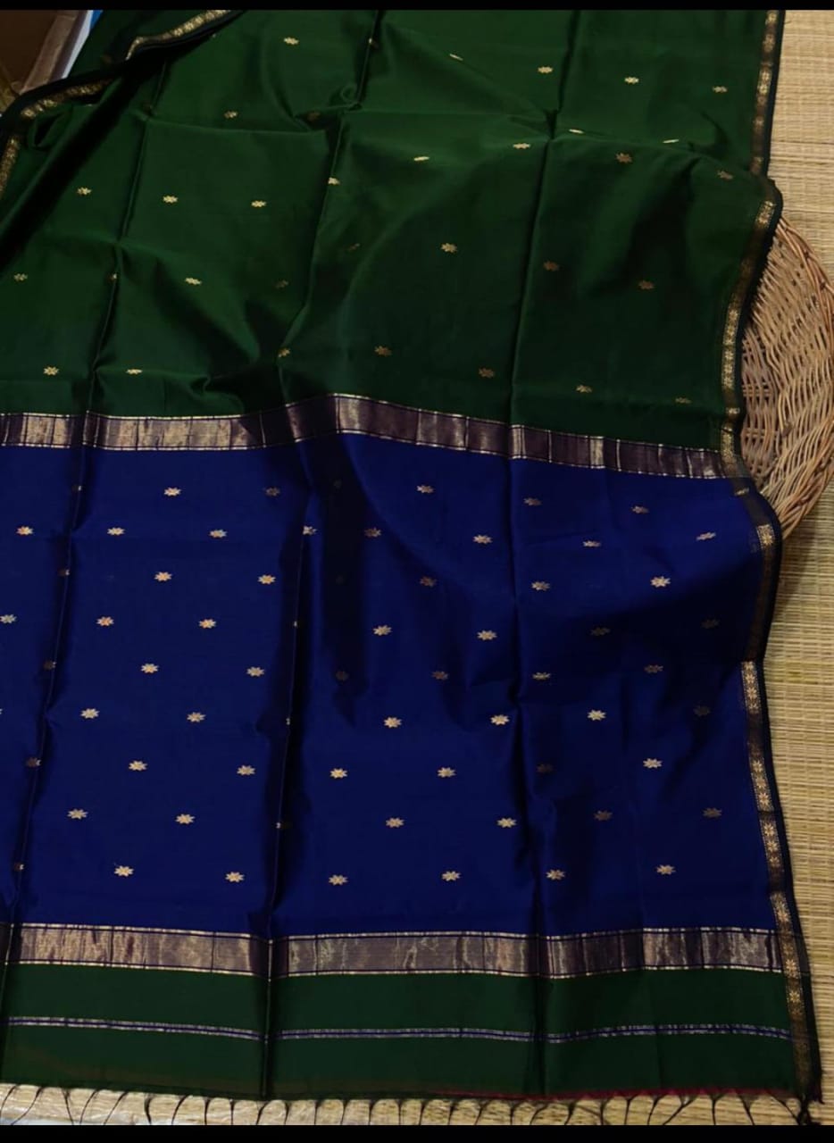 Green & Blue Maheswari Silk Cotton Handloom Saree
