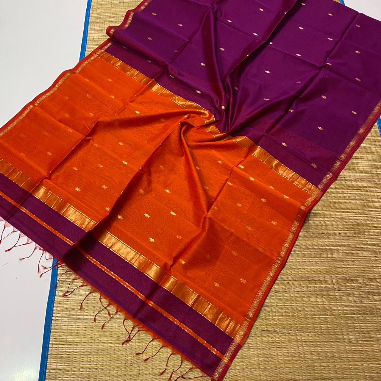 Violet & Orange Maheswari Silk Cotton Handloom Saree