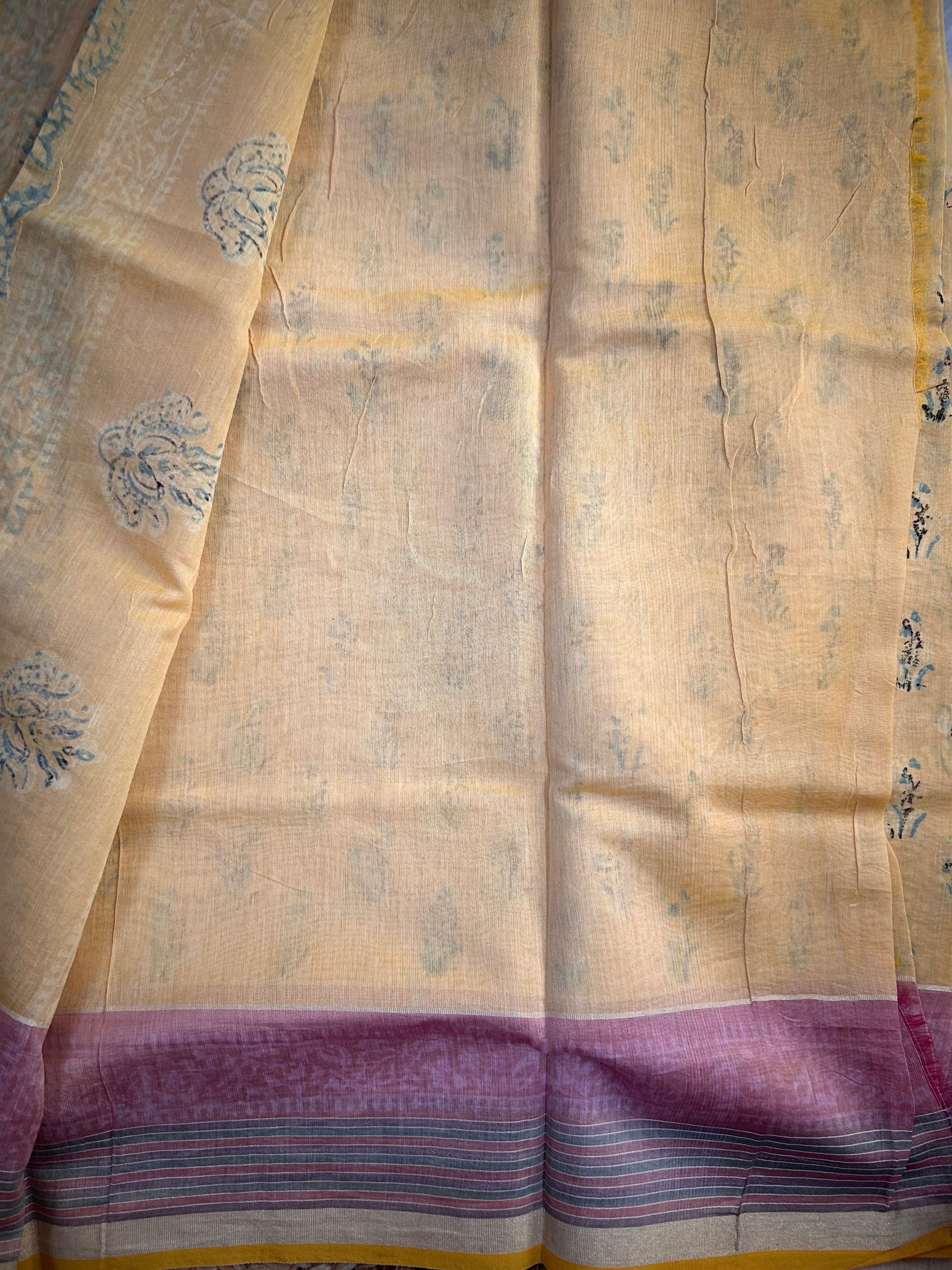 Yellow Maheshwari Cotton Saree