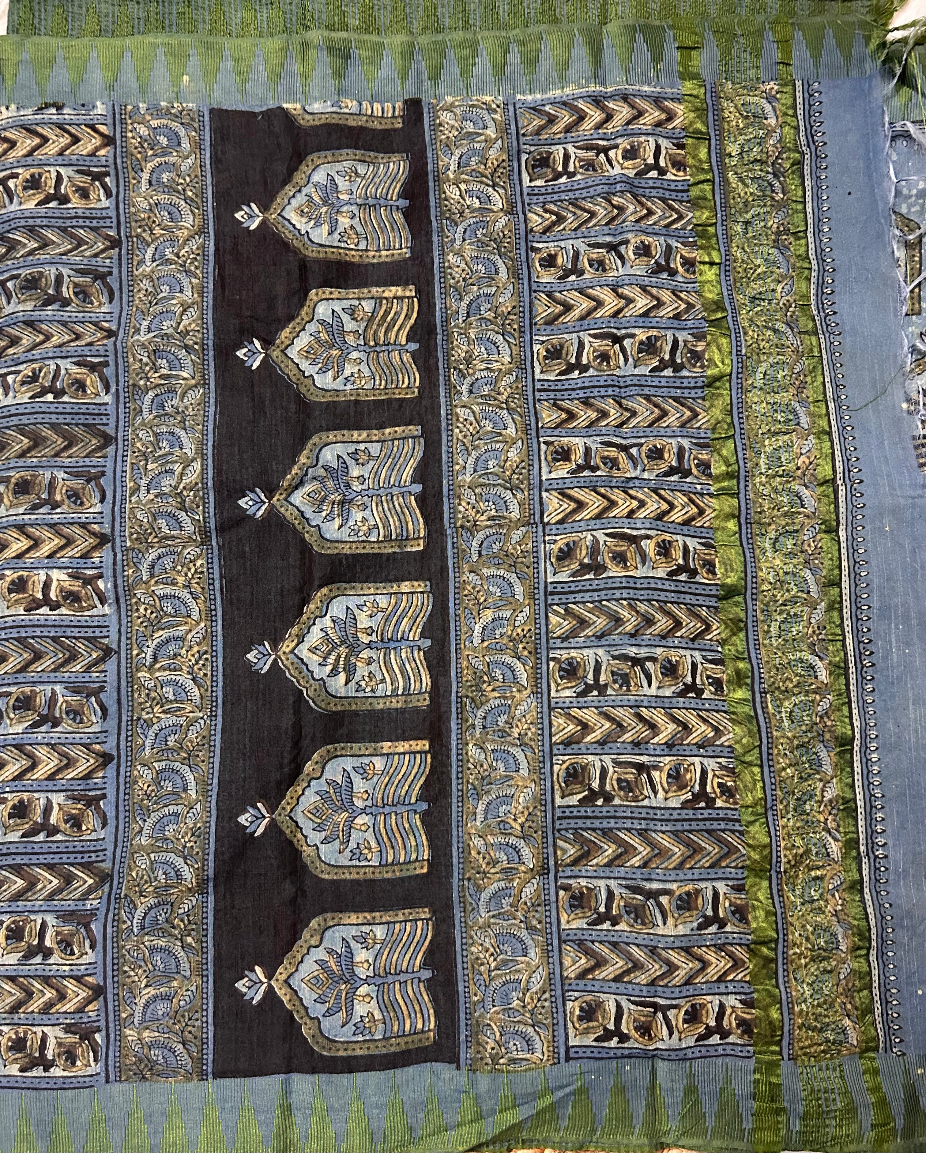 Dusty blue Vanaspati Ajrakh Silk Cotton Saree