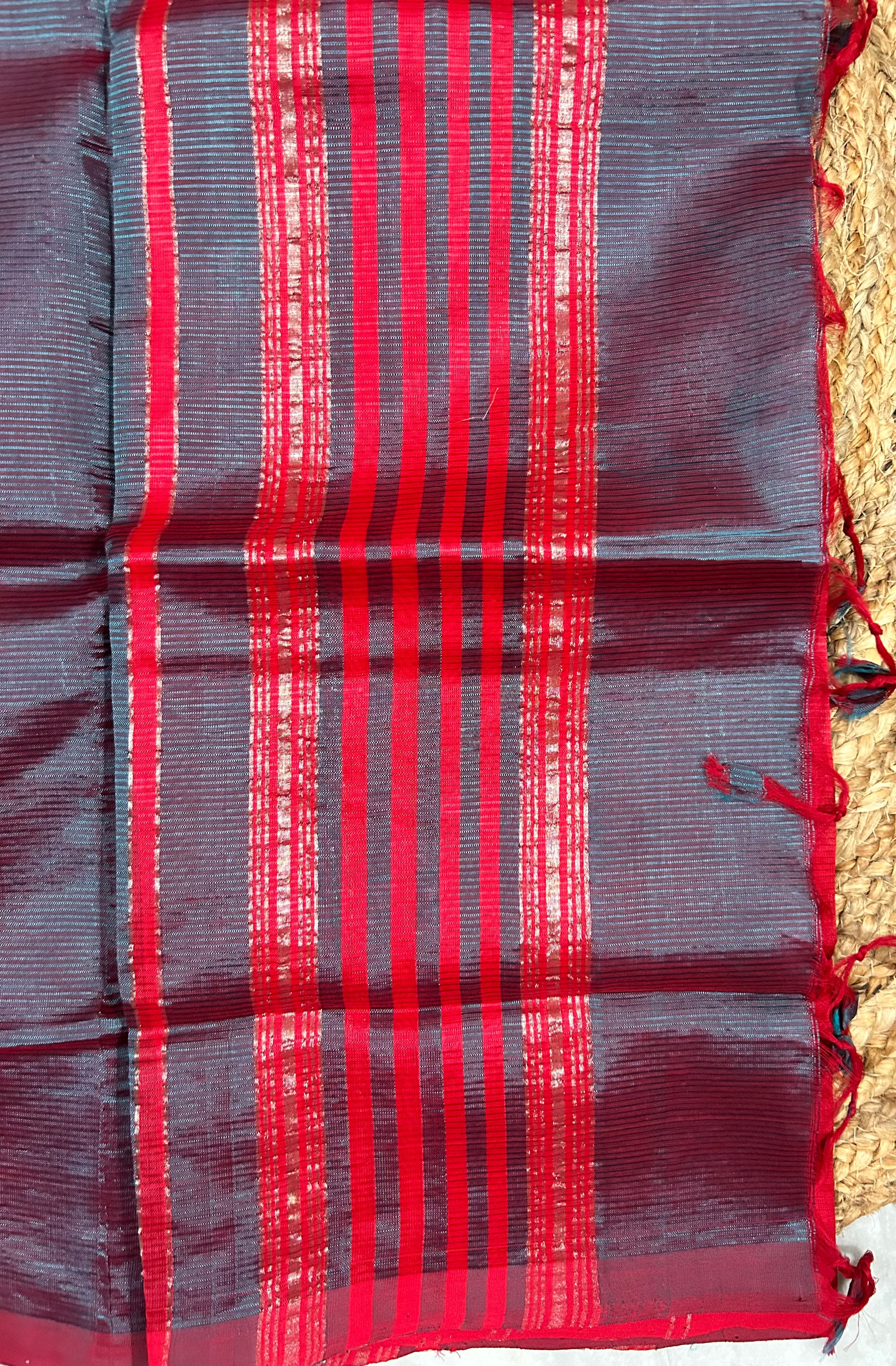 Red & Green Mangalagiri Pattu Saree with Silver Zari Lines