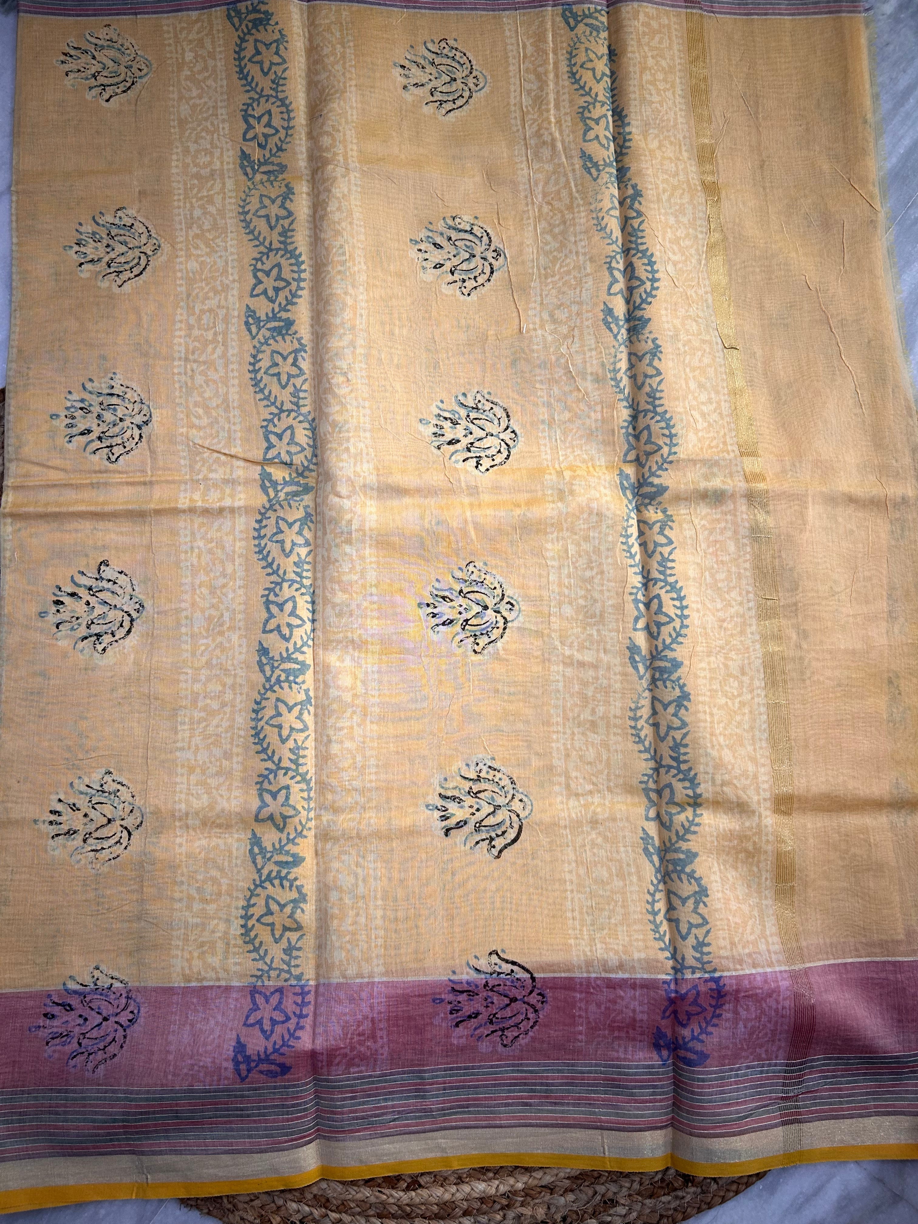 Yellow Maheshwari Cotton Saree