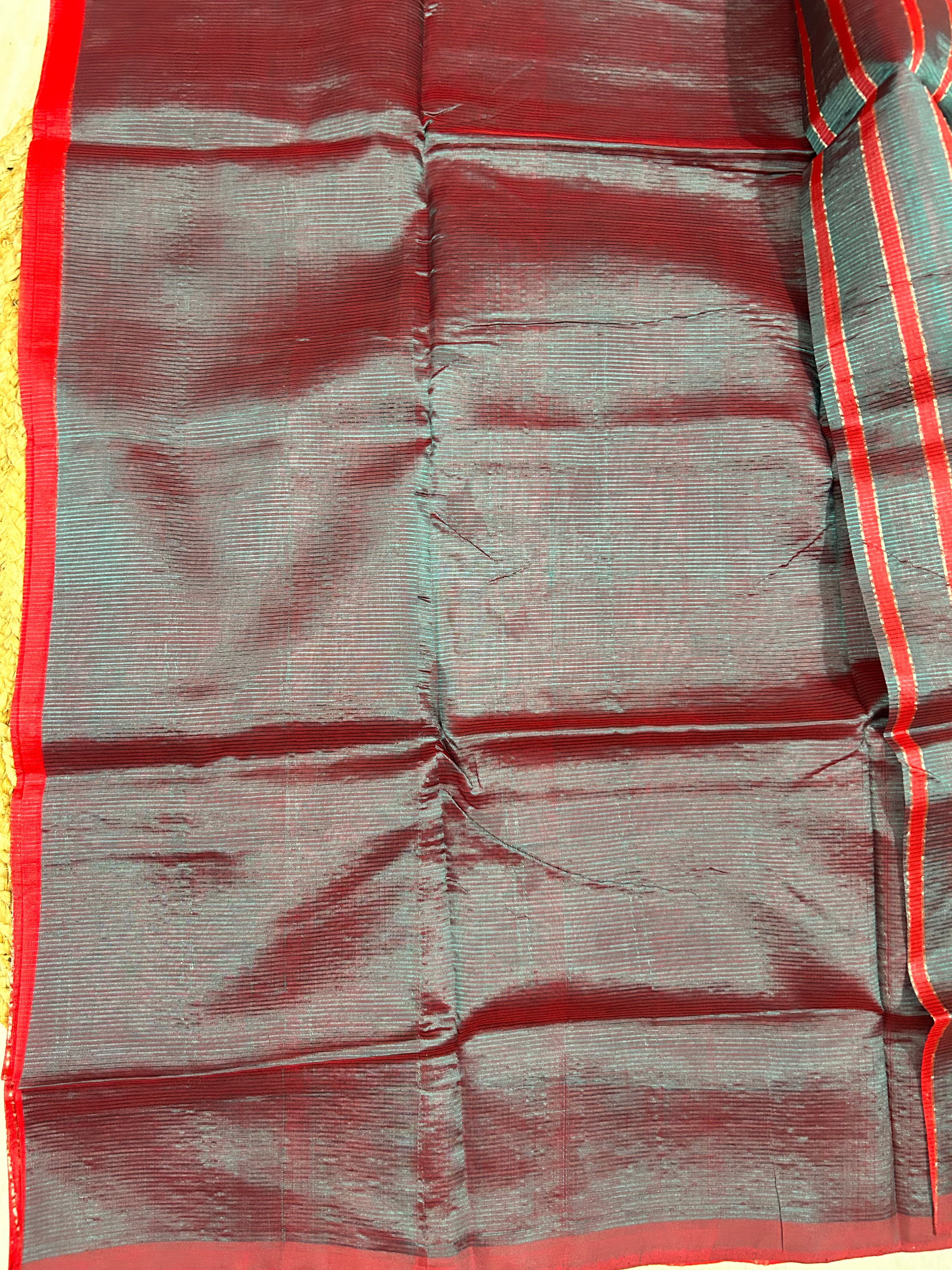 Red & Green Mangalagiri Pattu Saree with Silver Zari Lines