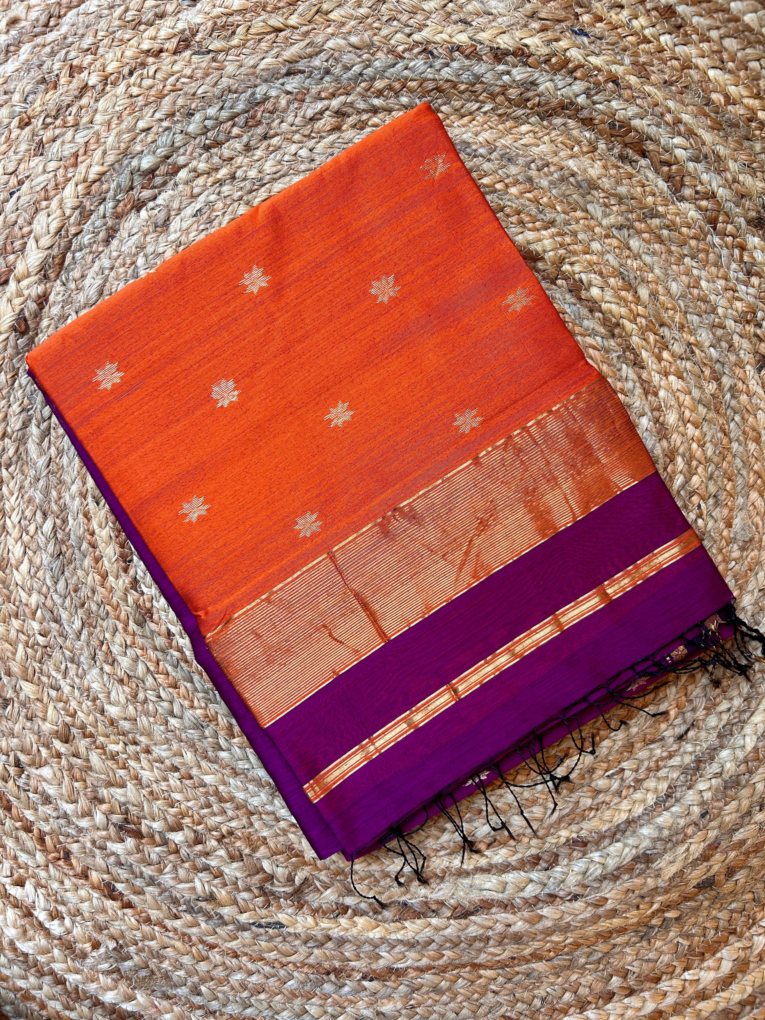 Violet & Orange Maheswari Silk Cotton Handloom Saree