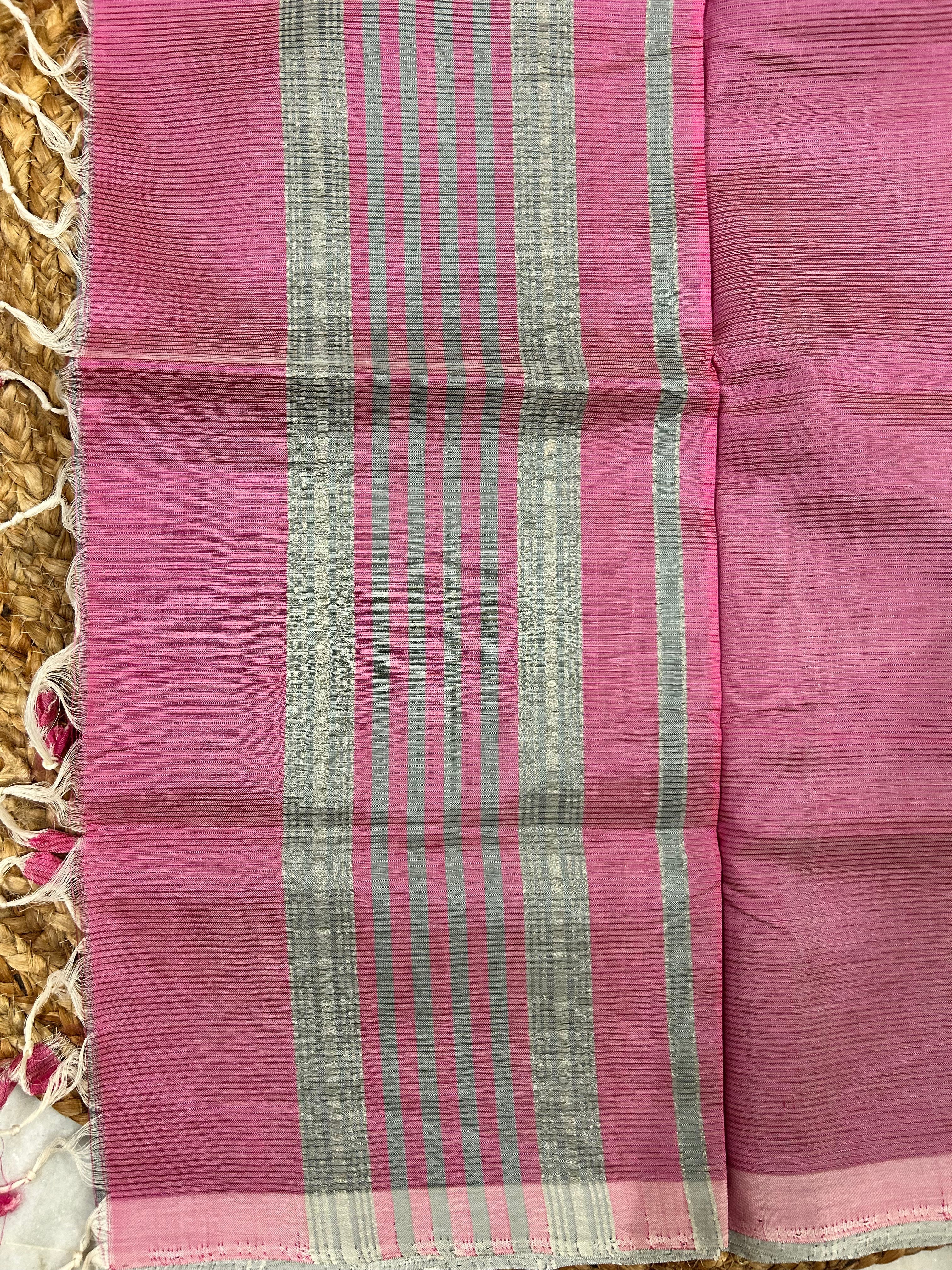 Gray & Pink Mangalagiri Pattu Saree with Silver Zari Lines
