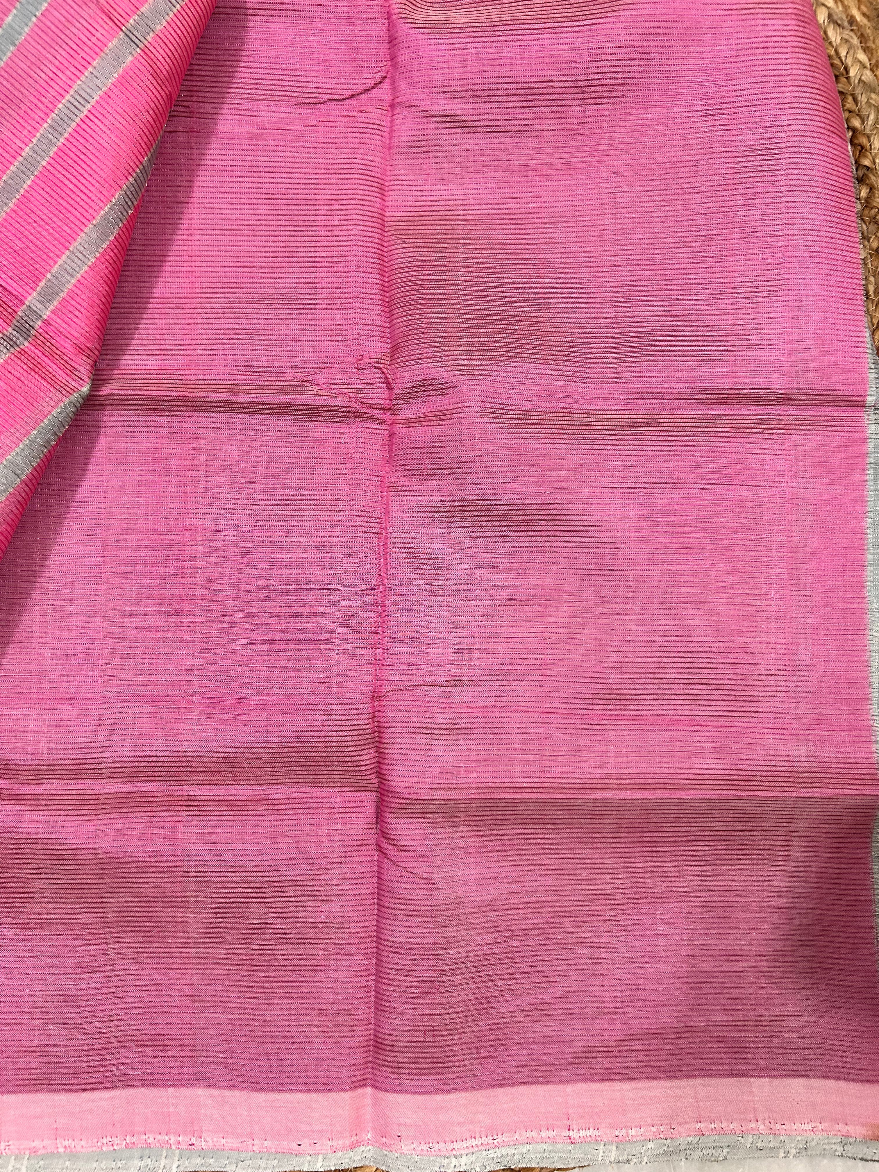 Gray & Pink Mangalagiri Pattu Saree with Silver Zari Lines