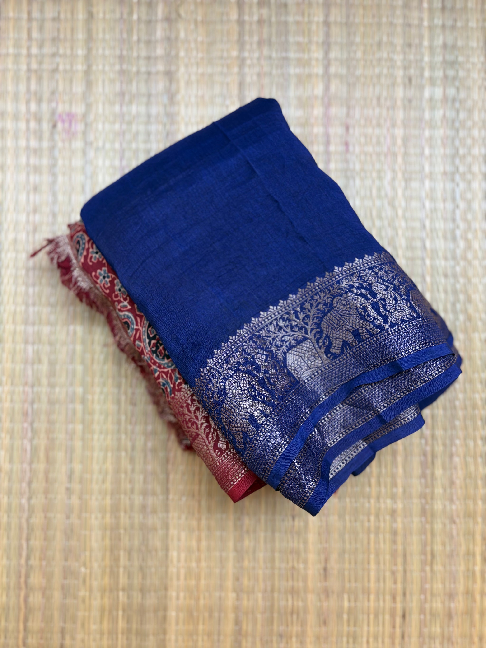Royal Blue & Maroon Dola Silk Saree with Ajrakh Pallu & Blouse