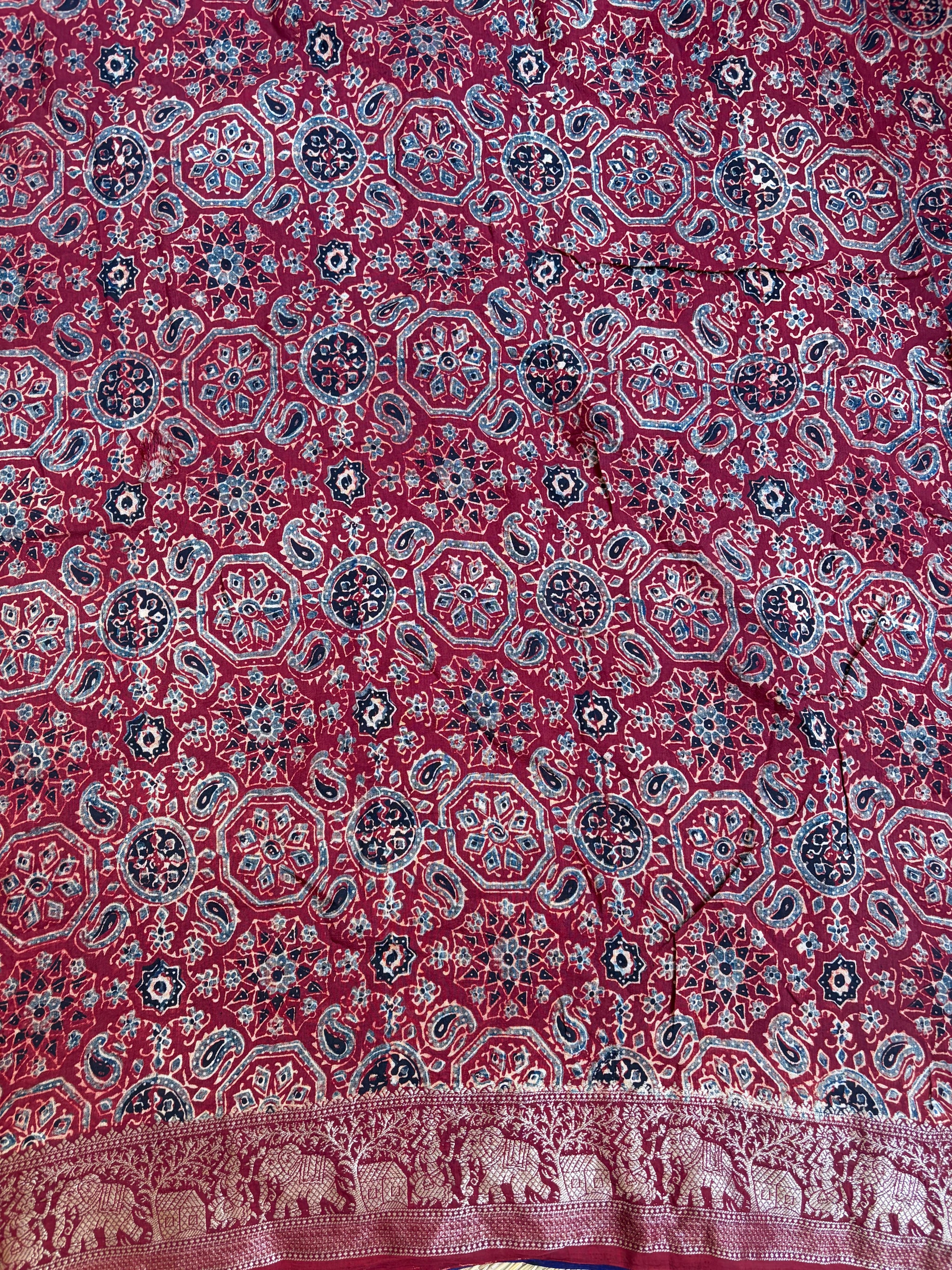 Royal Blue & Maroon Dola Silk Saree with Ajrakh Pallu & Blouse