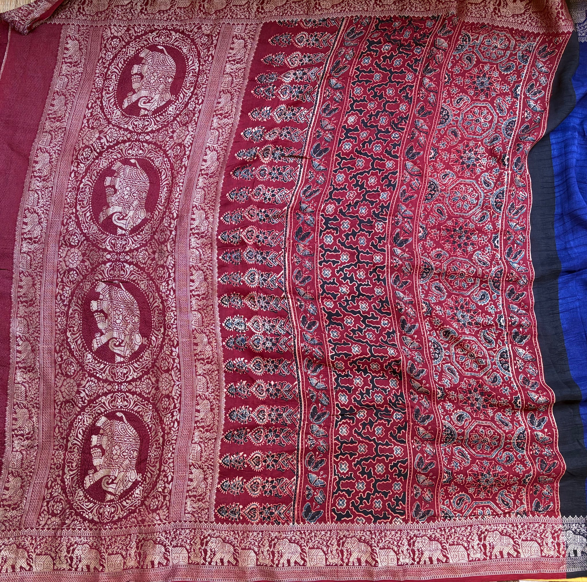 Royal Blue & Maroon Dola Silk Saree with Ajrakh Pallu & Blouse