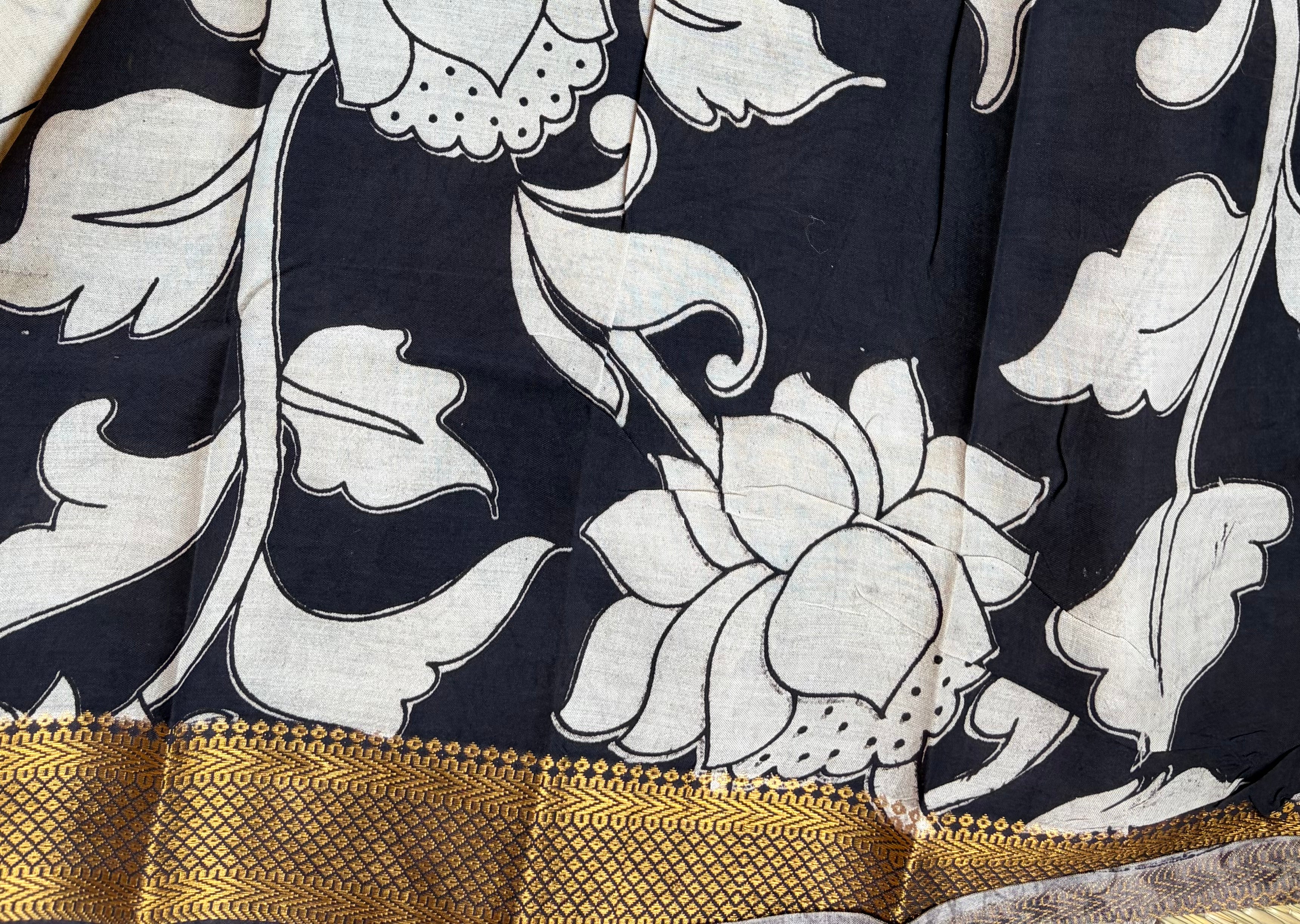 Beige Saree in Kalamkari Outline Chennuri Silk -1