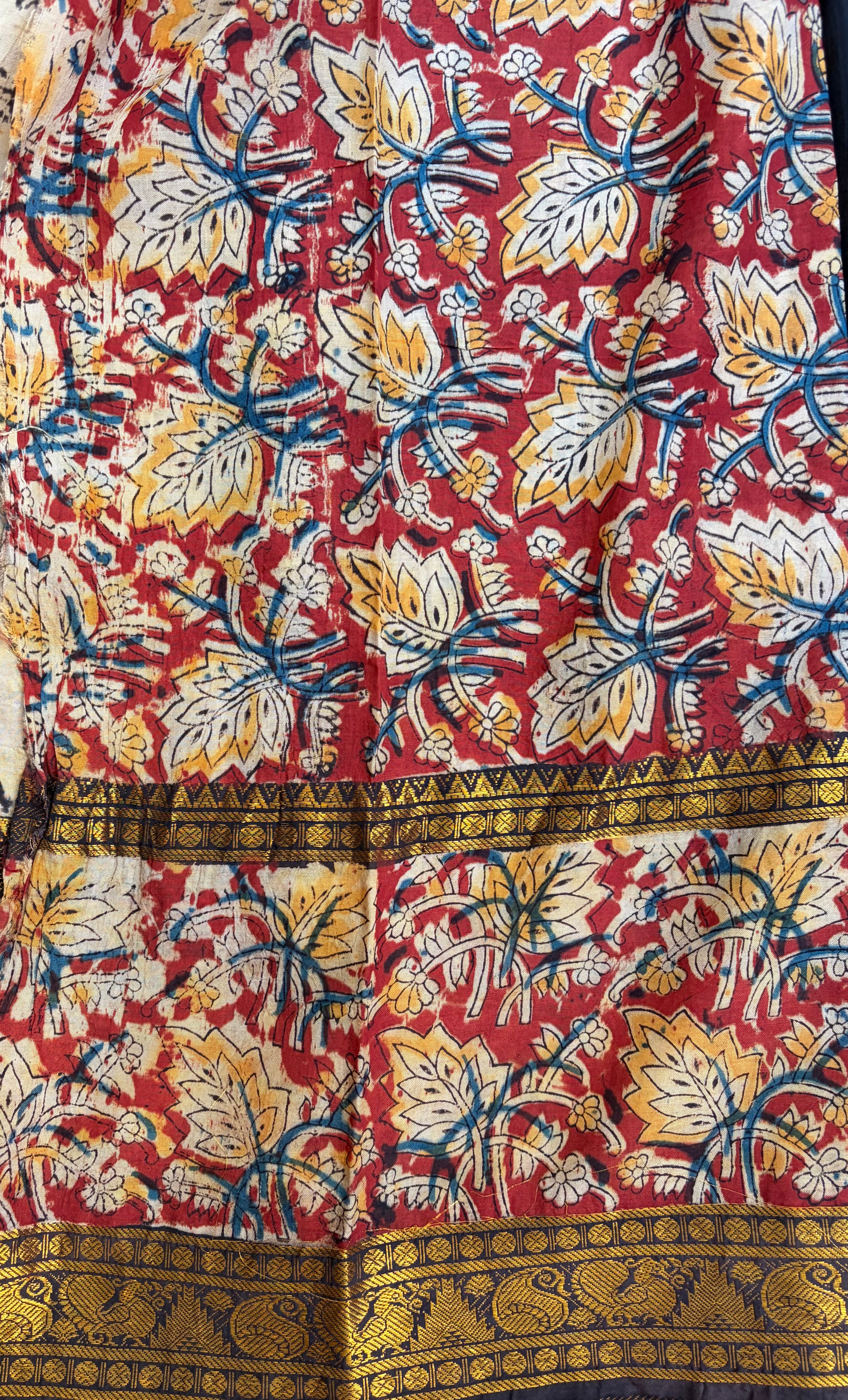 Black Saree with Kalamkari Gap Border in Chennuri Silk -1