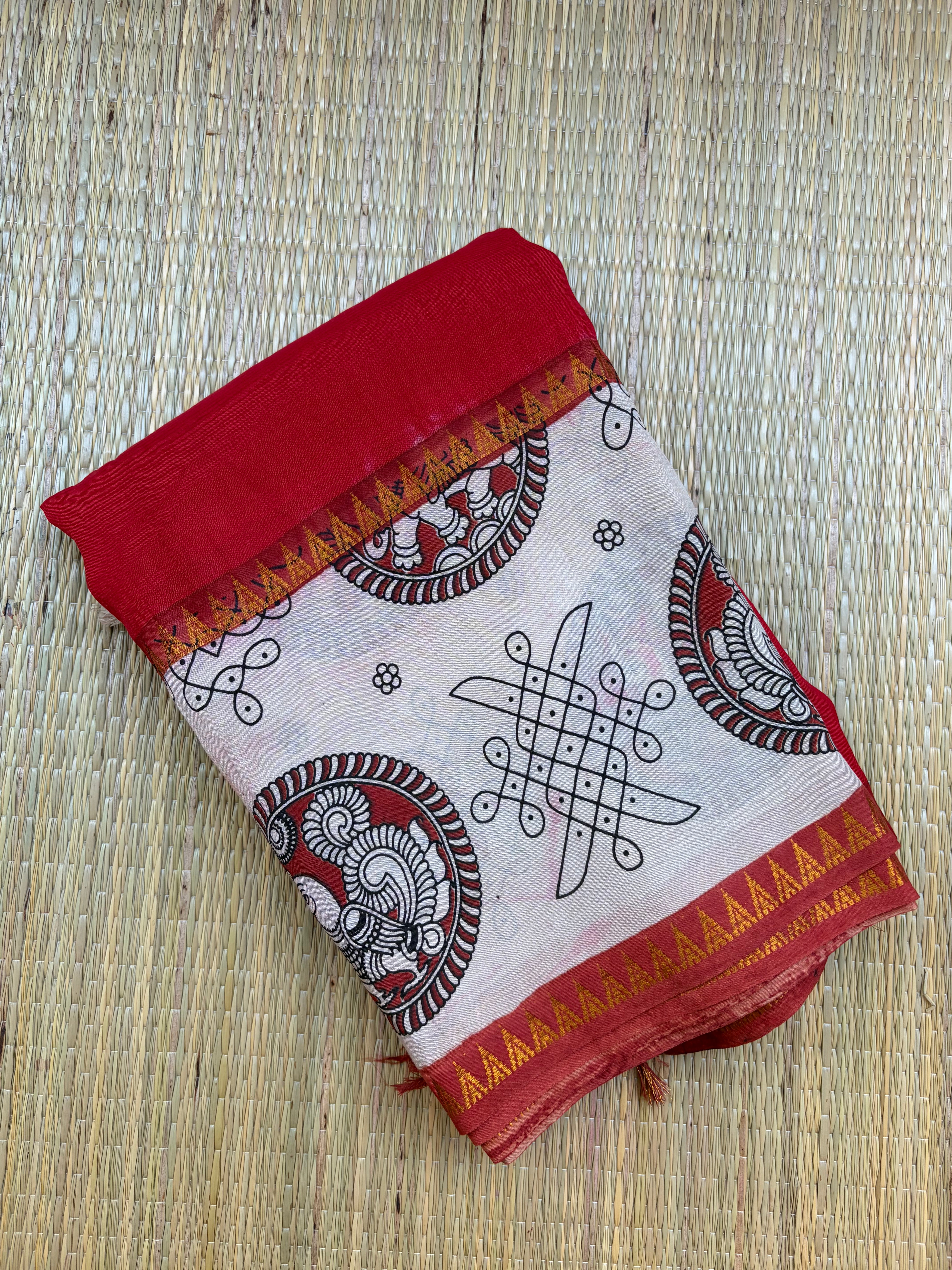 Red Saree with Kalamkari Gap Border in Chennuri Silk