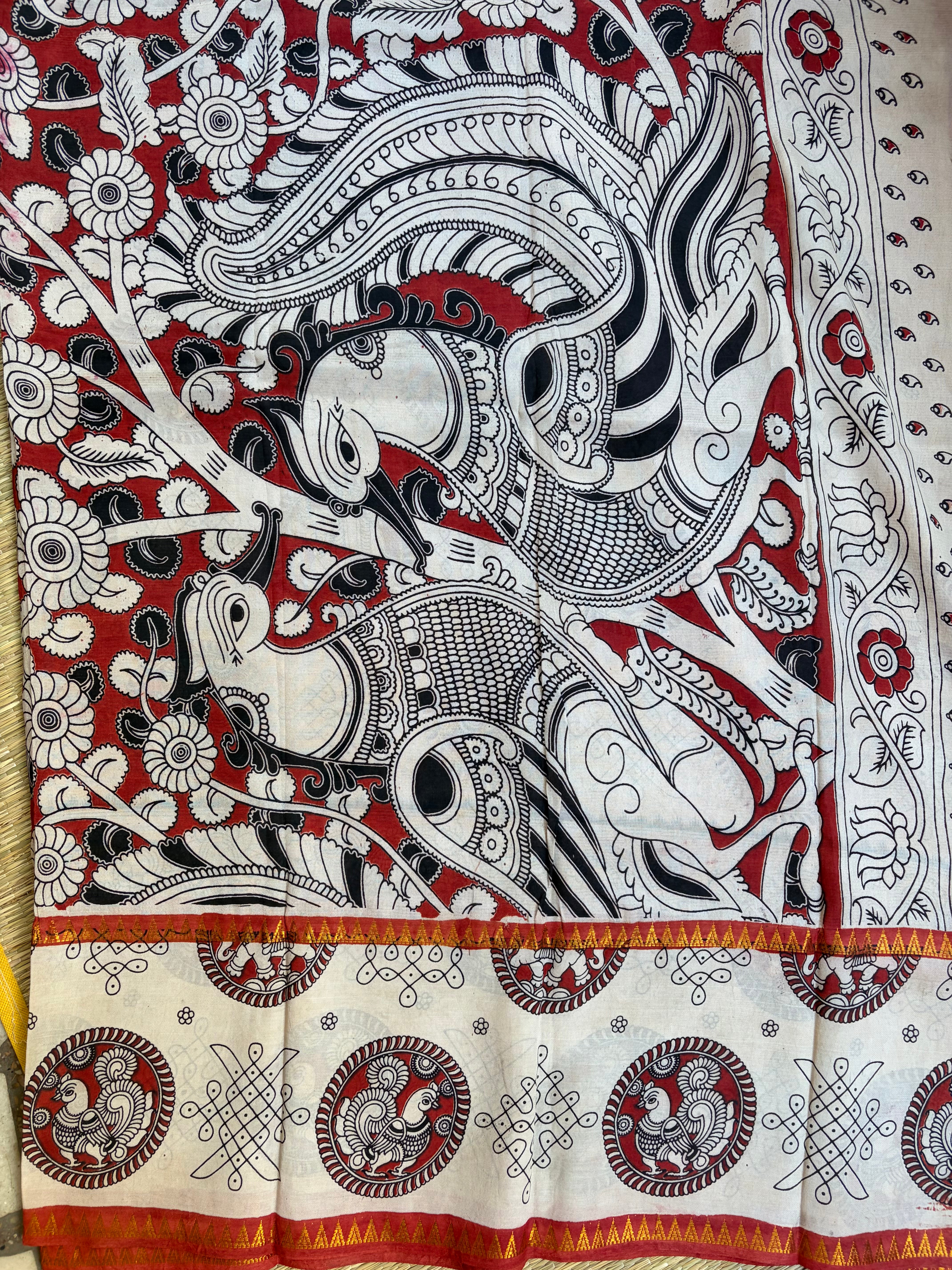 Red Saree with Kalamkari Gap Border in Chennuri Silk