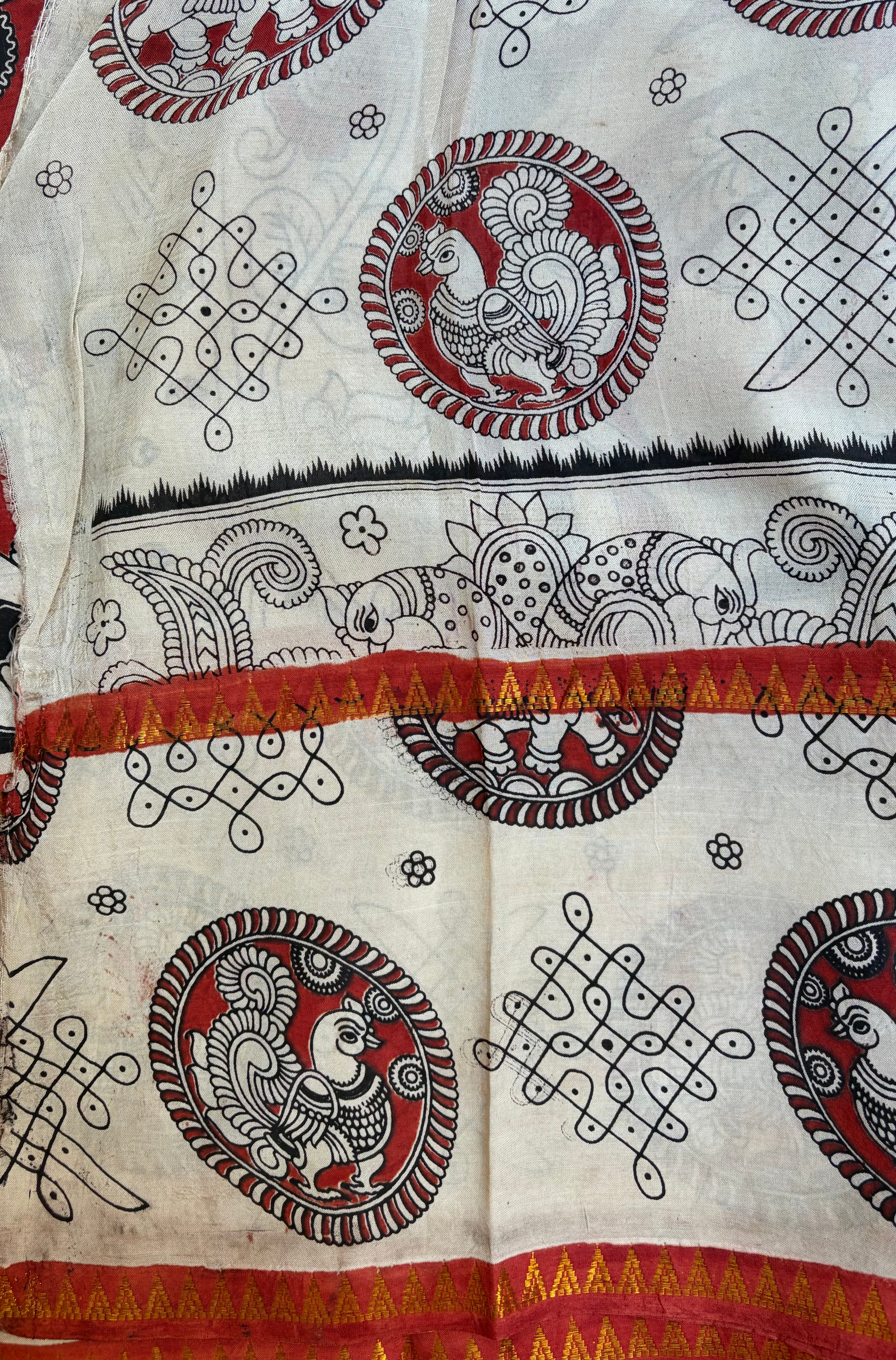 Red Saree with Kalamkari Gap Border in Chennuri Silk