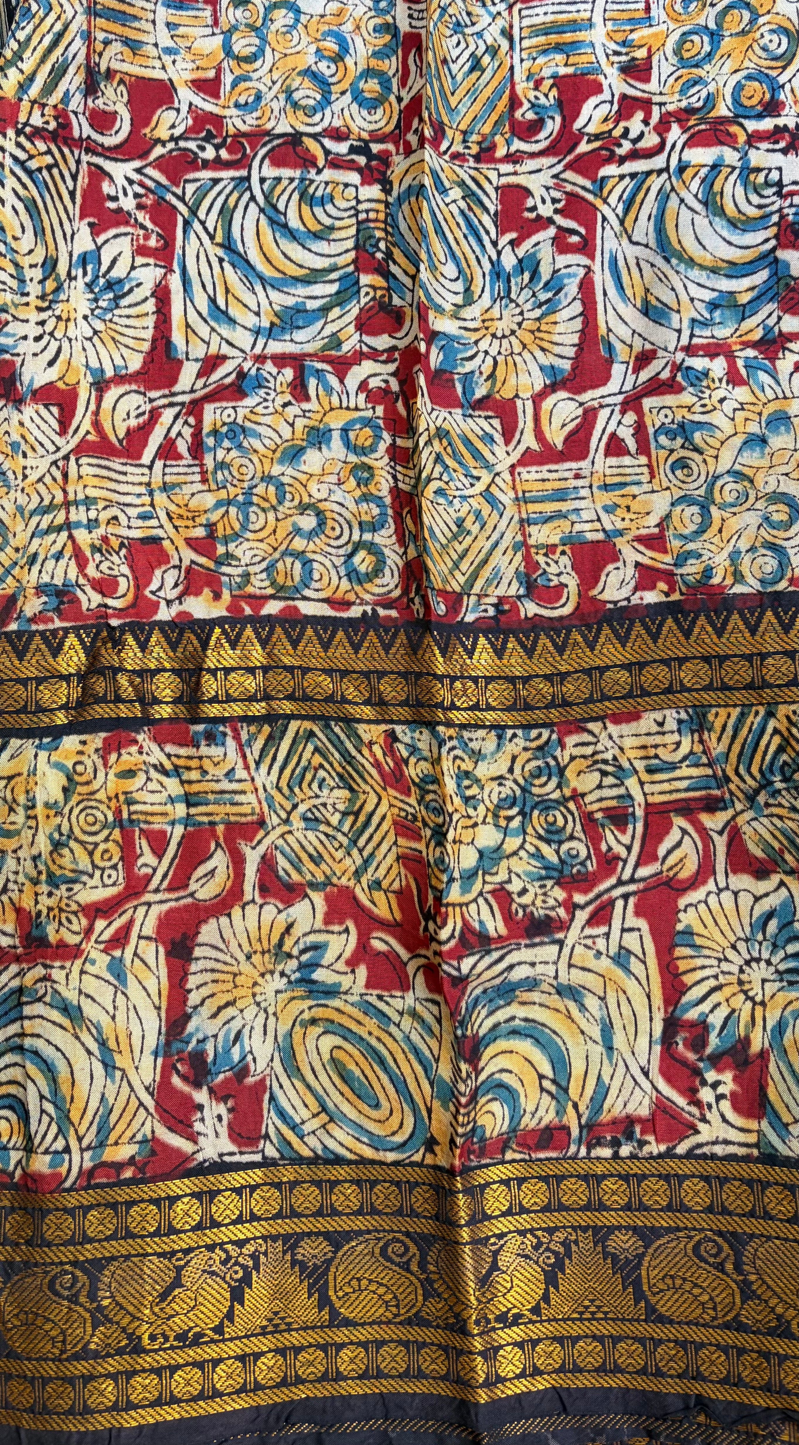 Black Saree with Kalamkari Gap Border in Chennuri Silk - 2