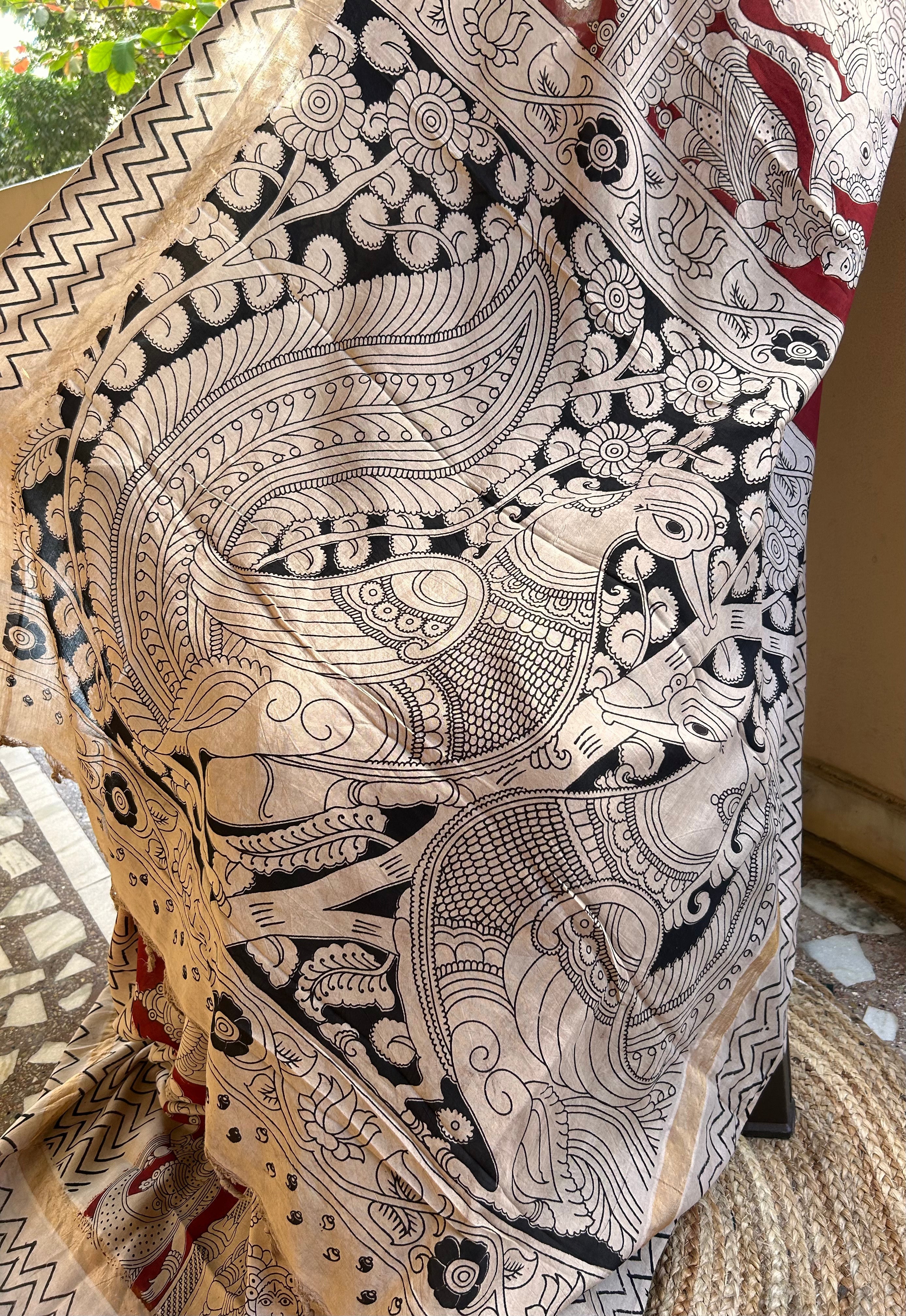 Maroon & Beige Kalamkari Saree in Chennuri Silk