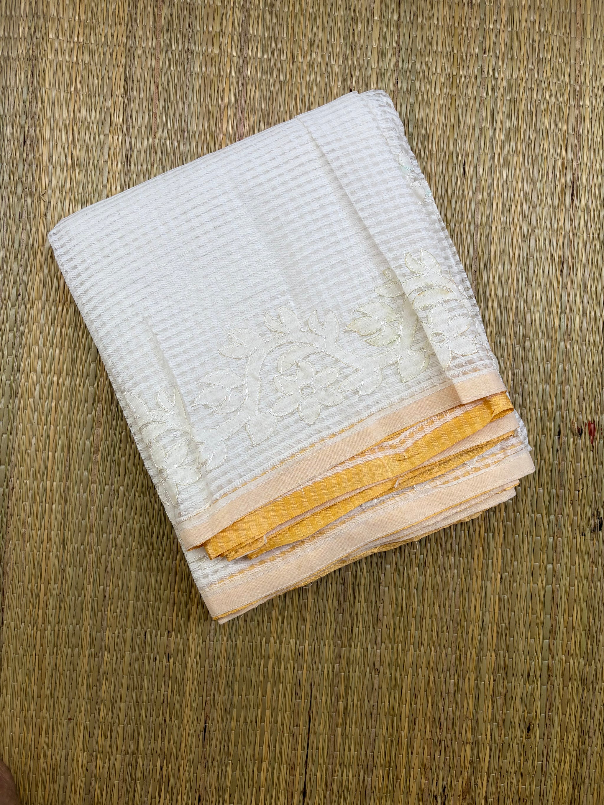 White Kota Cotton Saree wtih Applique Work