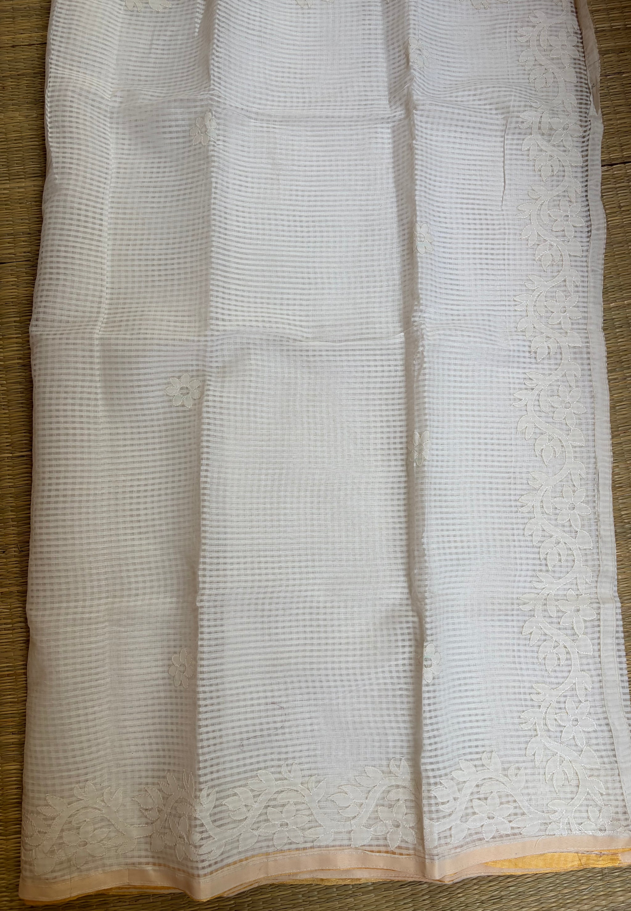 White Kota Cotton Saree wtih Applique Work