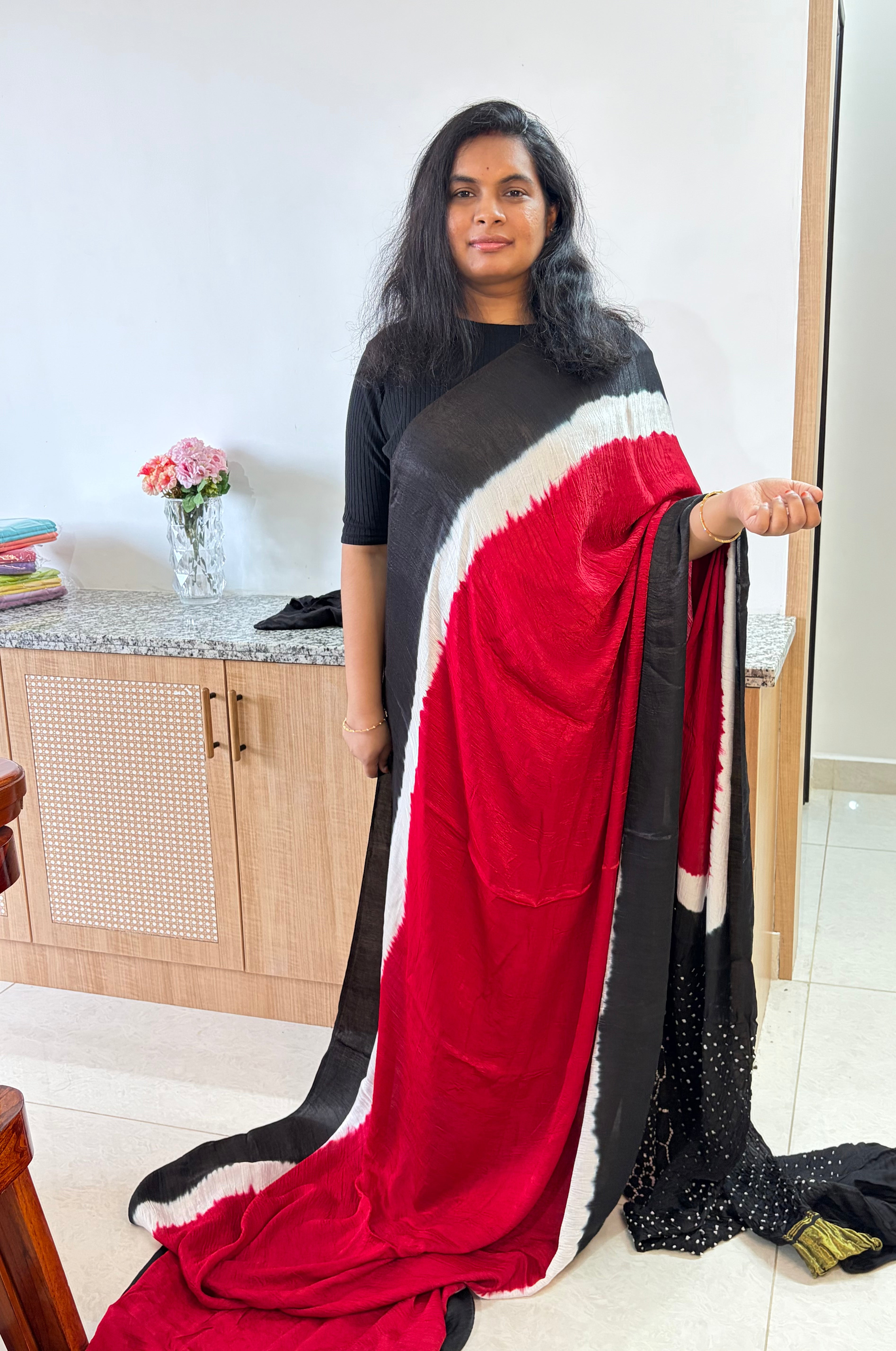 Black & Red Modal Saree with Bandhini Lagdi Patta Pallu