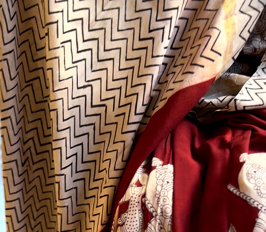 Maroon & Beige Kalamkari Saree in Chennuri Silk