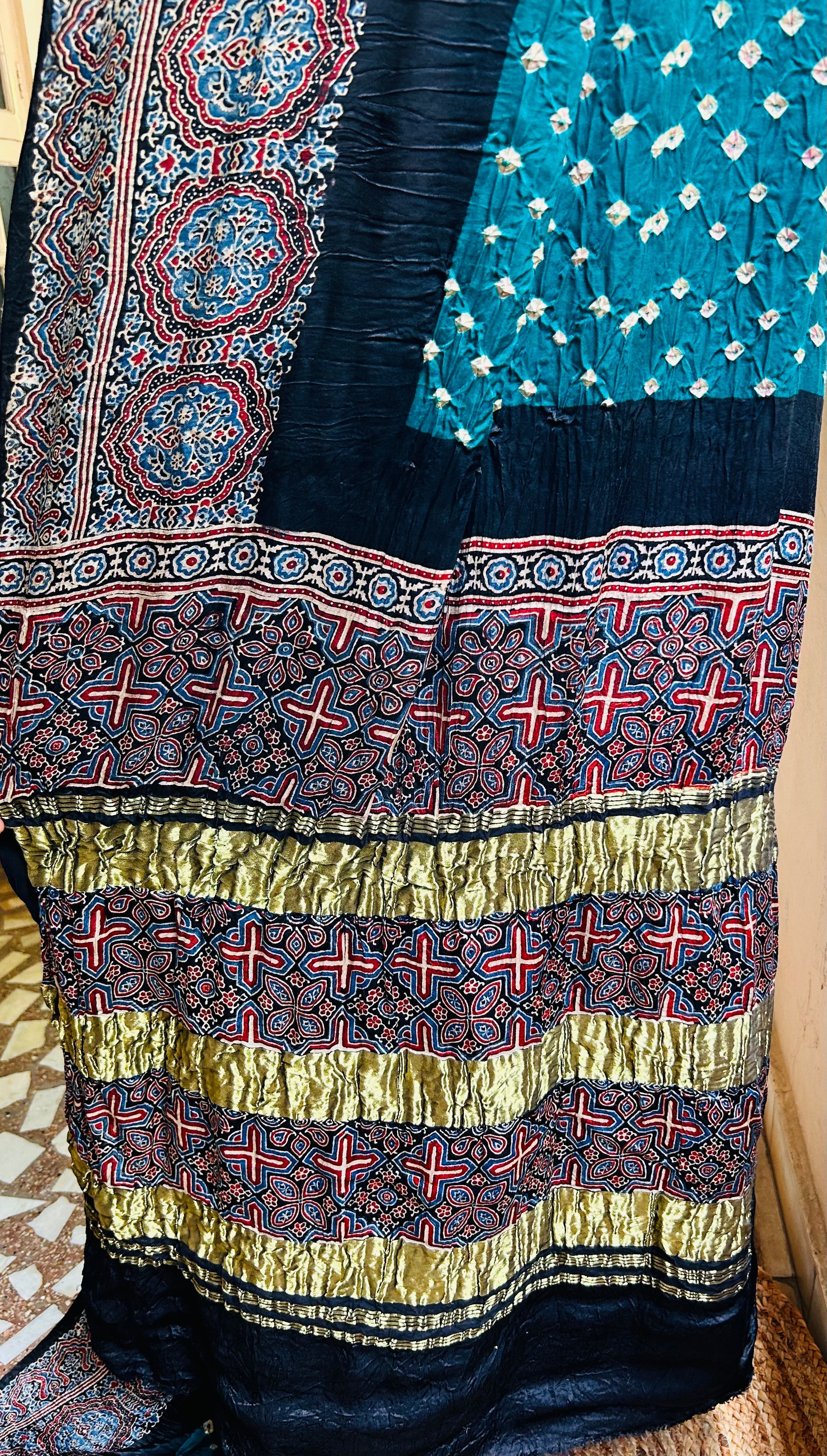 Bottle Green Ajrakh Modal Bandhini Saree