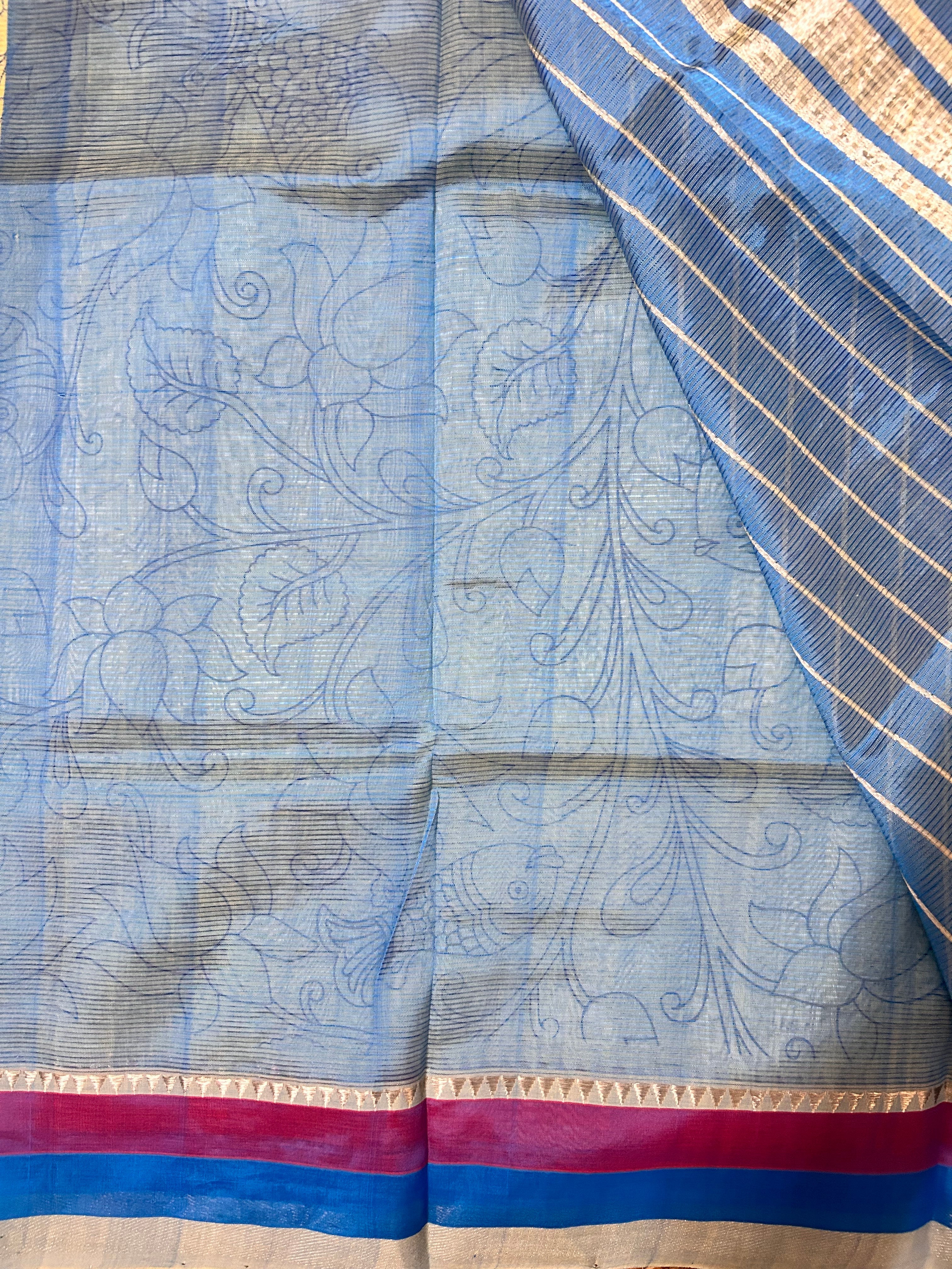 Lime Green Screen Printed Mangalagiri Saree