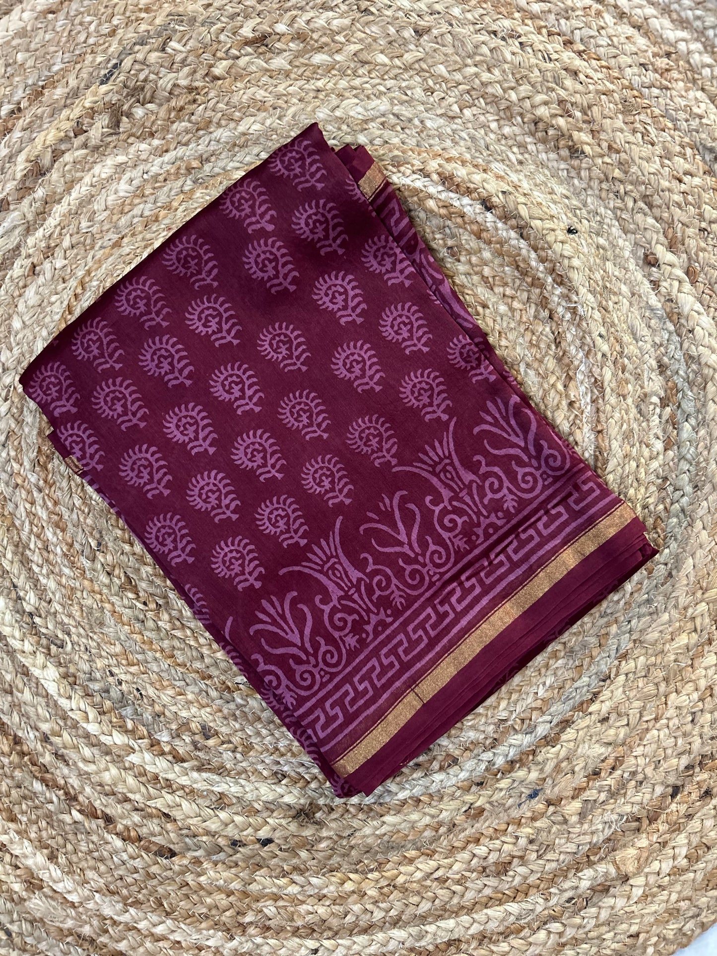 Maroon Block-Printed Chanderi Saree