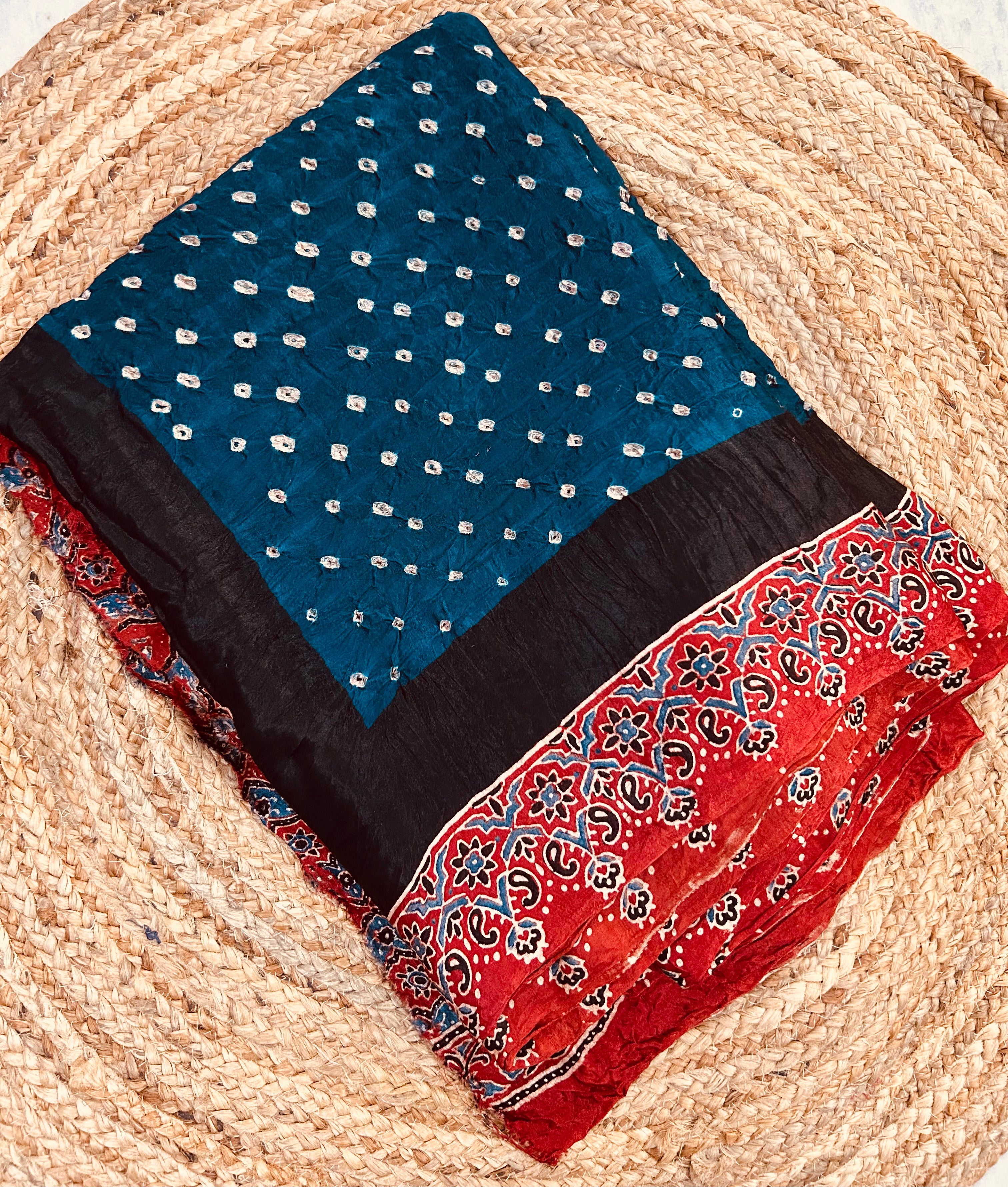 Peacock Green Ajrakh Modal Bandhini Saree