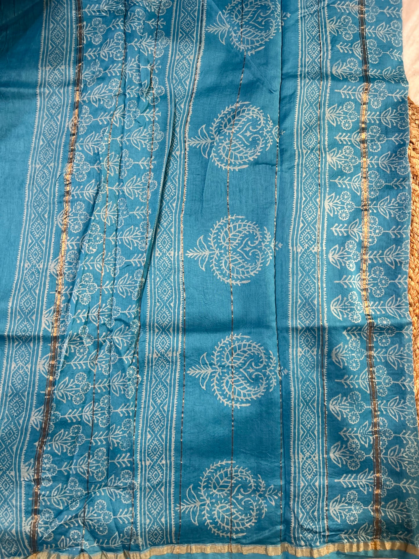 Blue Block-Printed Chanderi Saree