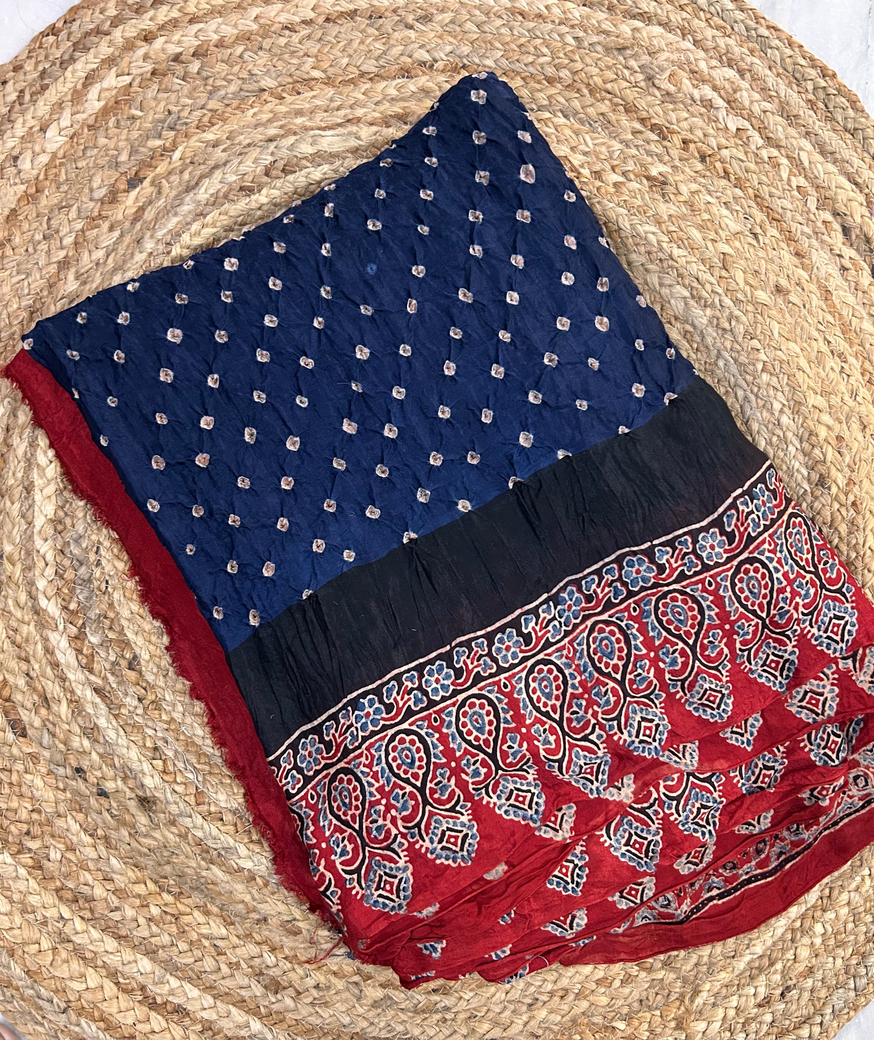 Dark Royal Blue Ajrakh Modal Bandhini Saree