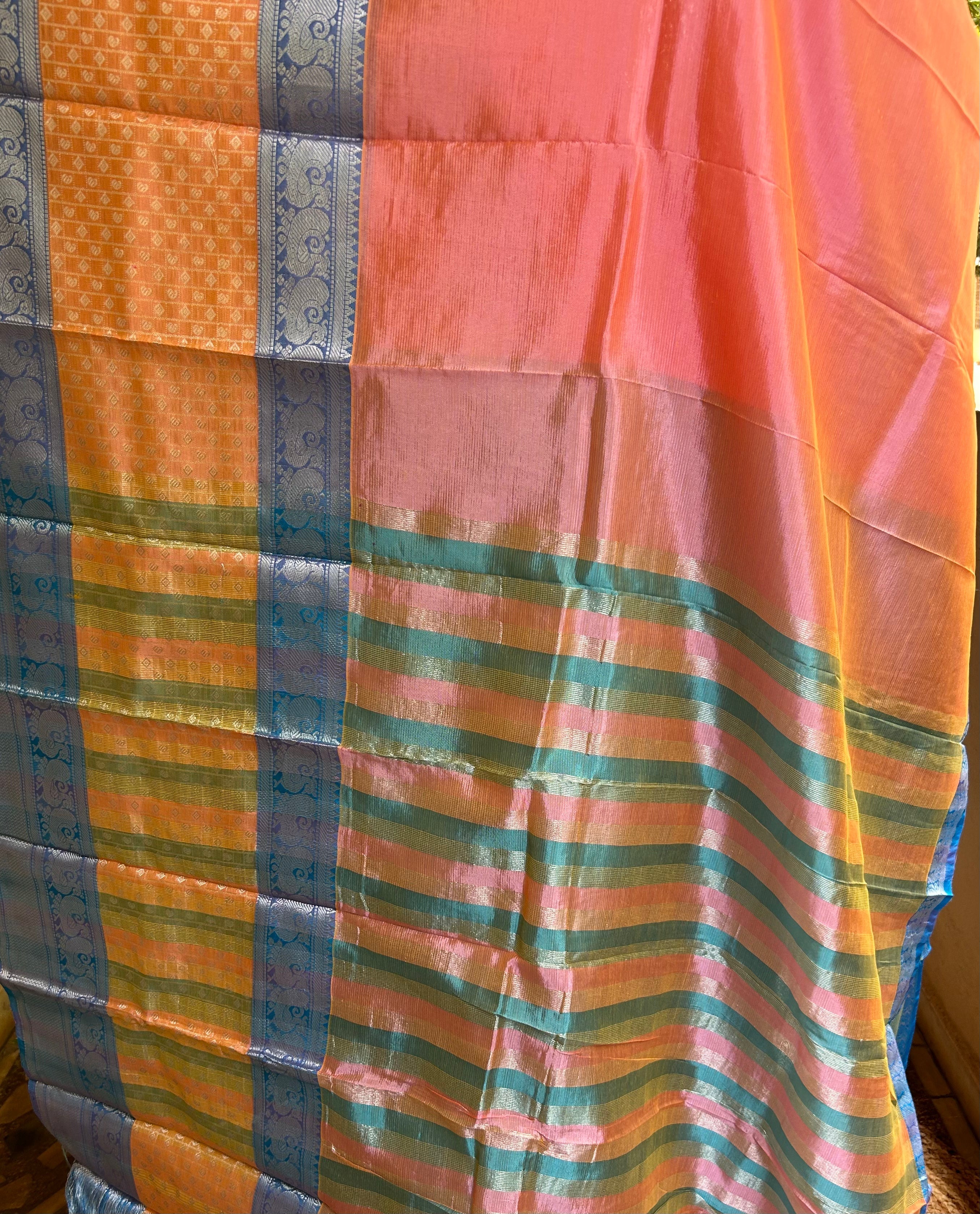 Peach & Blue Mangalagiri Pattu Saree