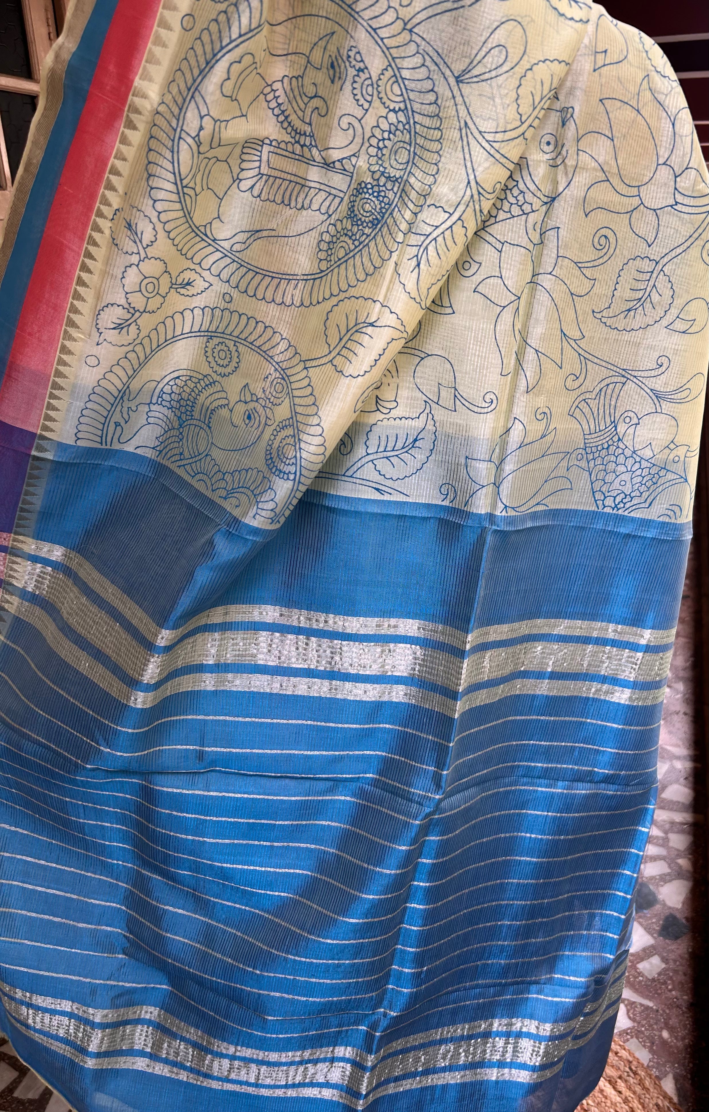 Lime Green Screen Printed Mangalagiri Saree