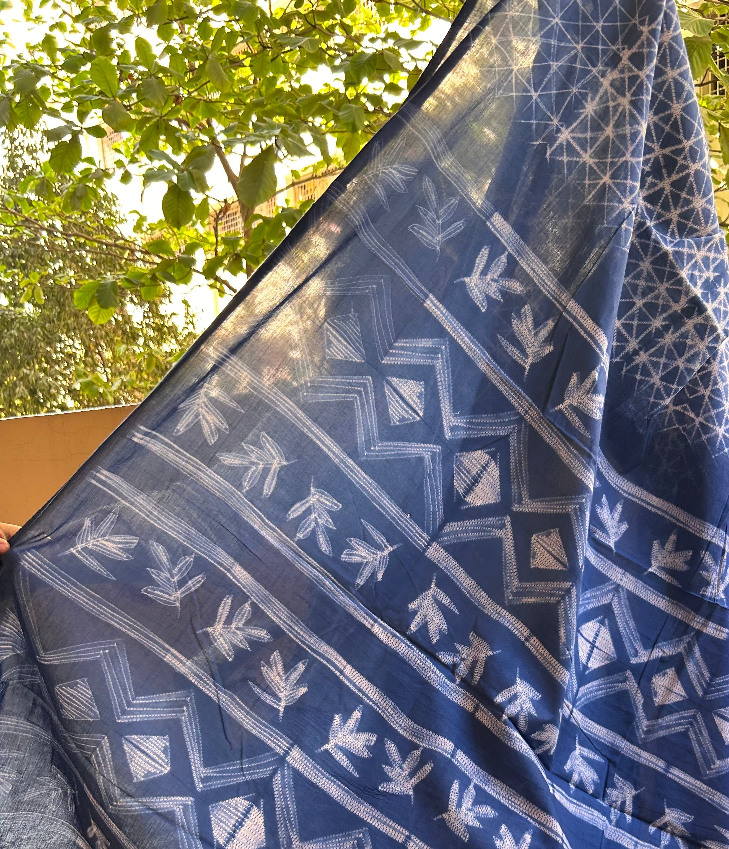 Navy Blue Needle Shibori Mul Cotton Saree