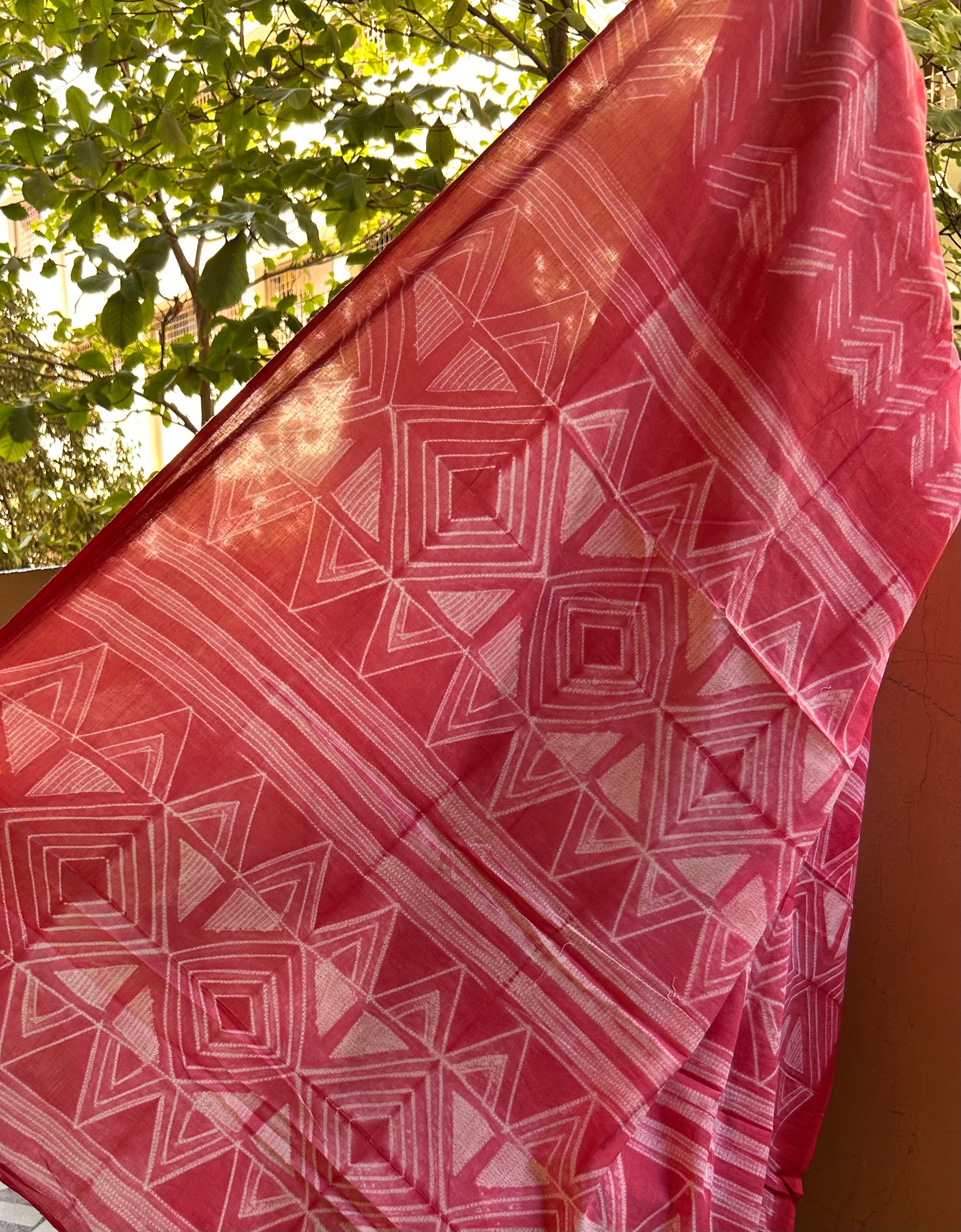 Light Red Needle Shibori Mul Cotton Saree