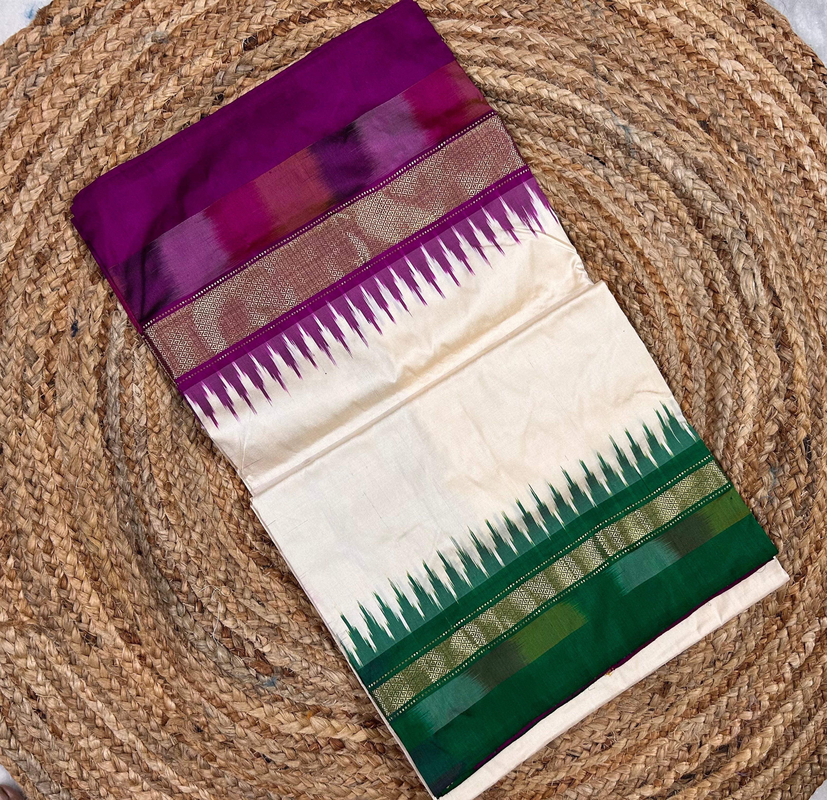 Off white - Pink & Green Pochampally Pattu Saree