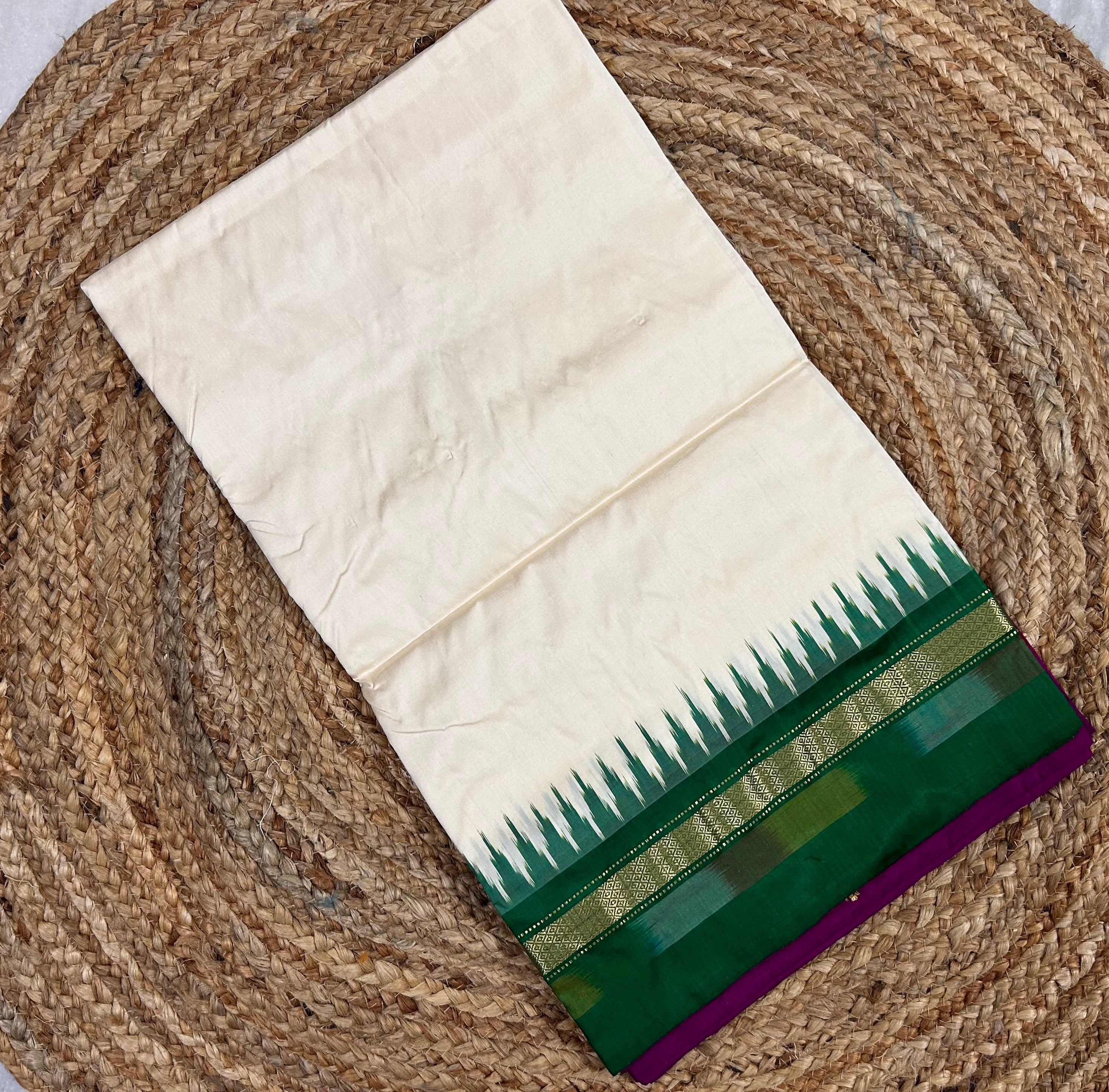 Off white - Pink & Green Pochampally Pattu Saree