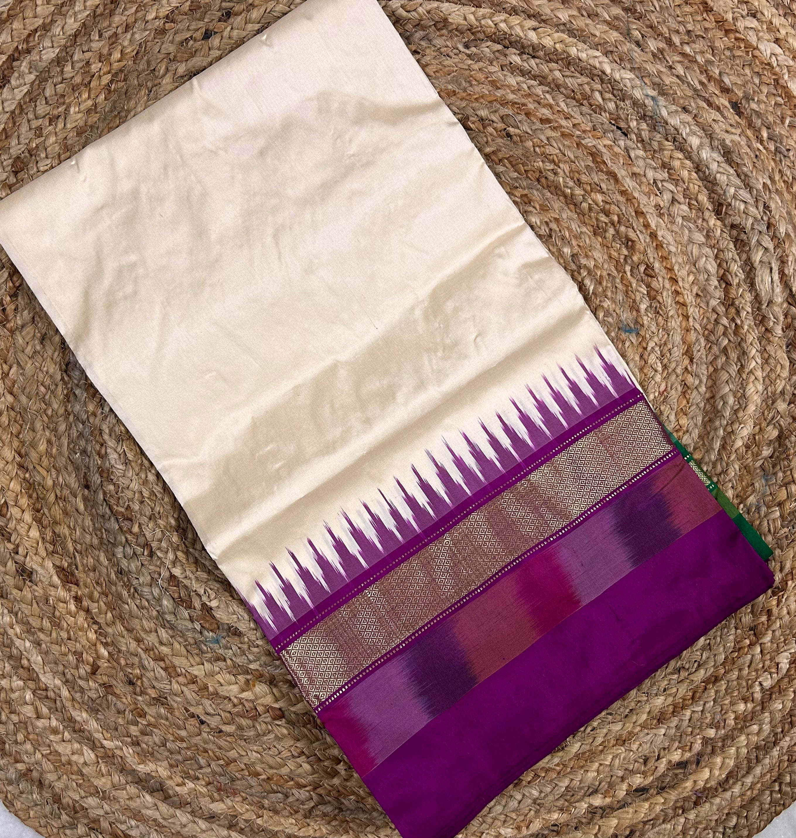 Off white - Pink & Green Pochampally Pattu Saree