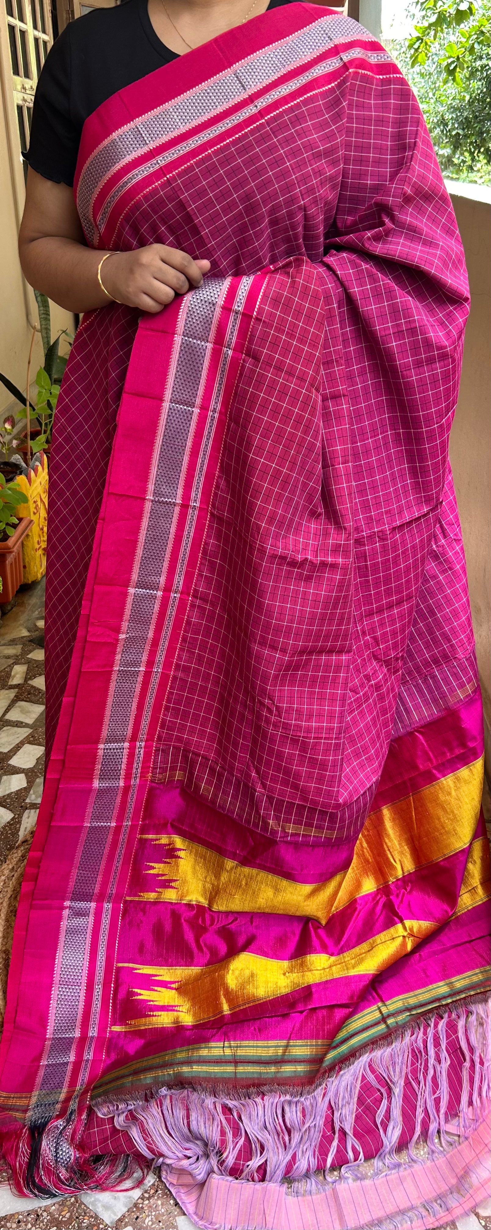 Magenta Cotton Illkal Saree ( Pure silk Pallu )