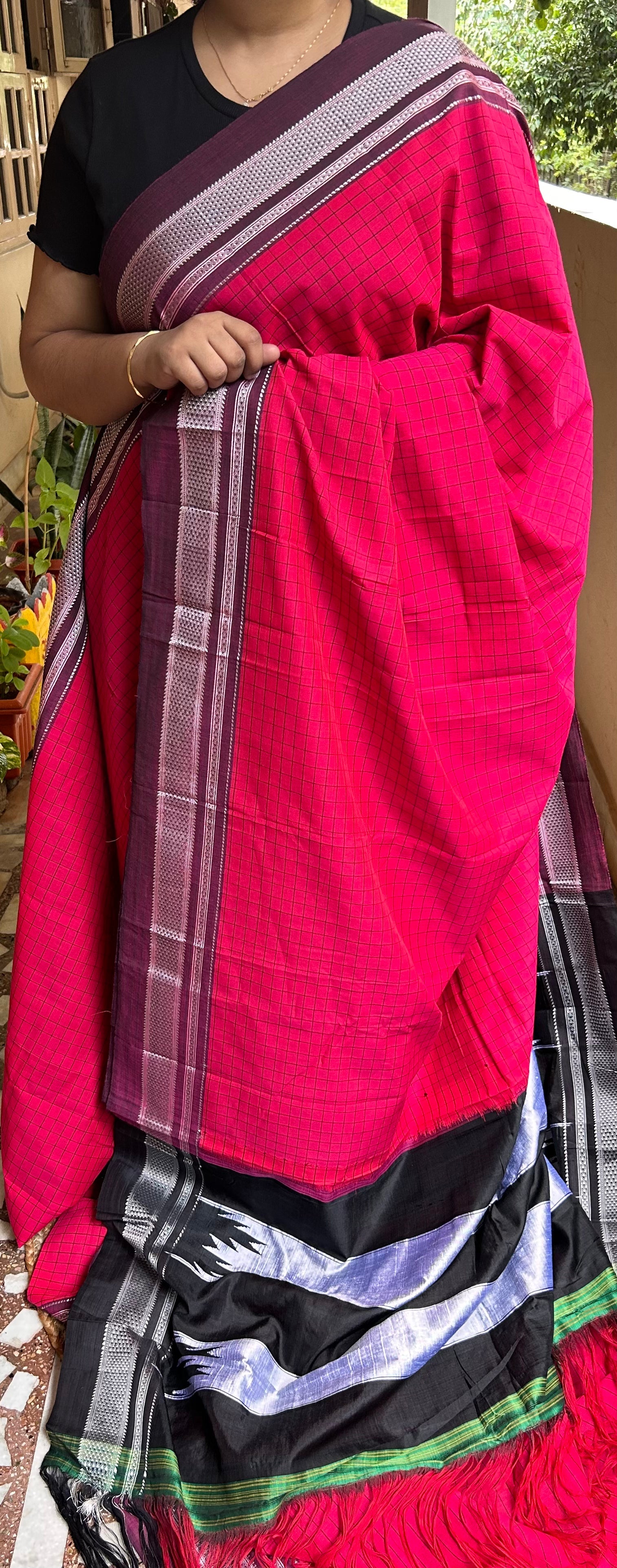 Pinkish Red Cotton Illkal Saree ( Pure silk Pallu )