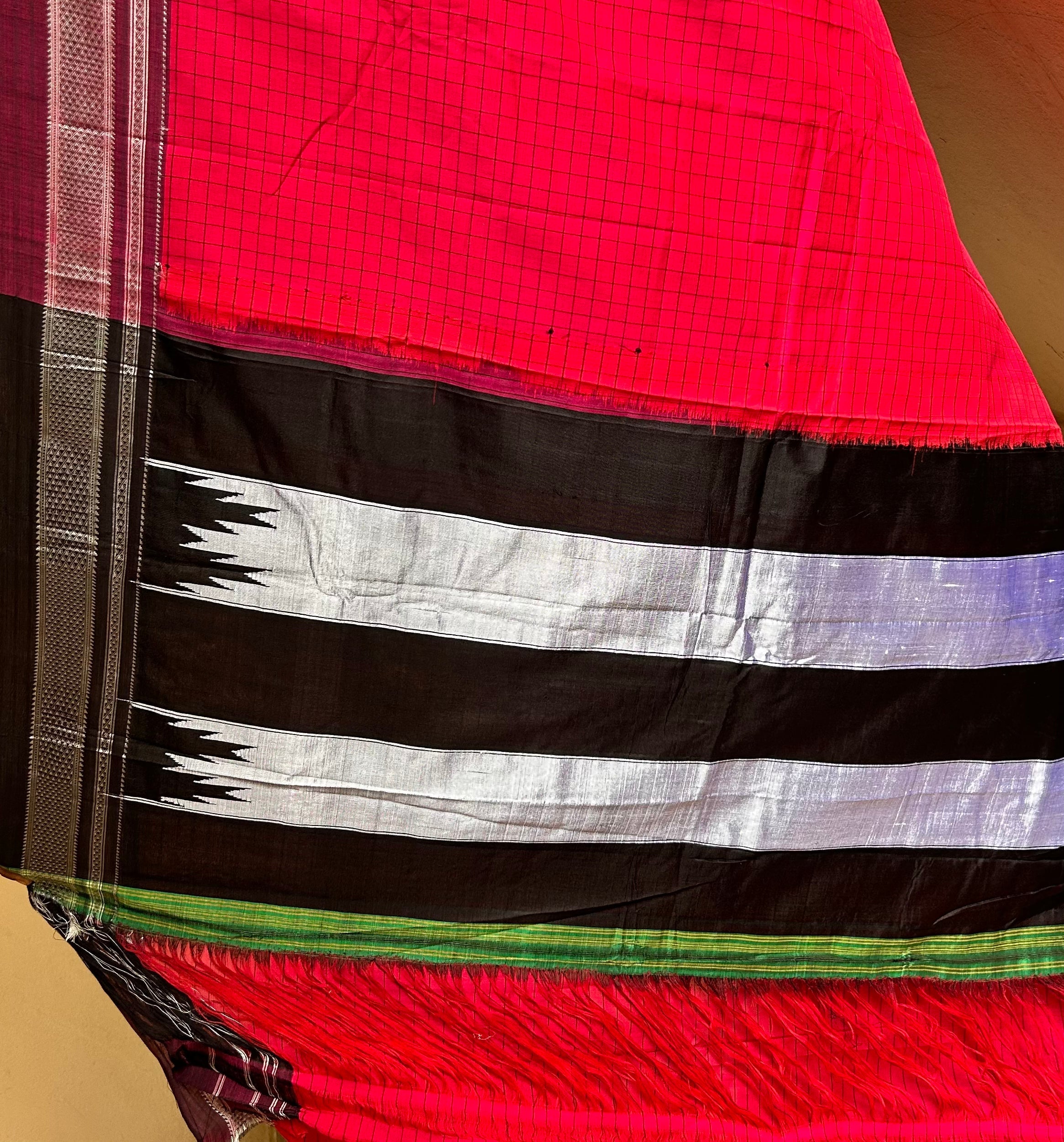 Pinkish Red Cotton Illkal Saree ( Pure silk Pallu )