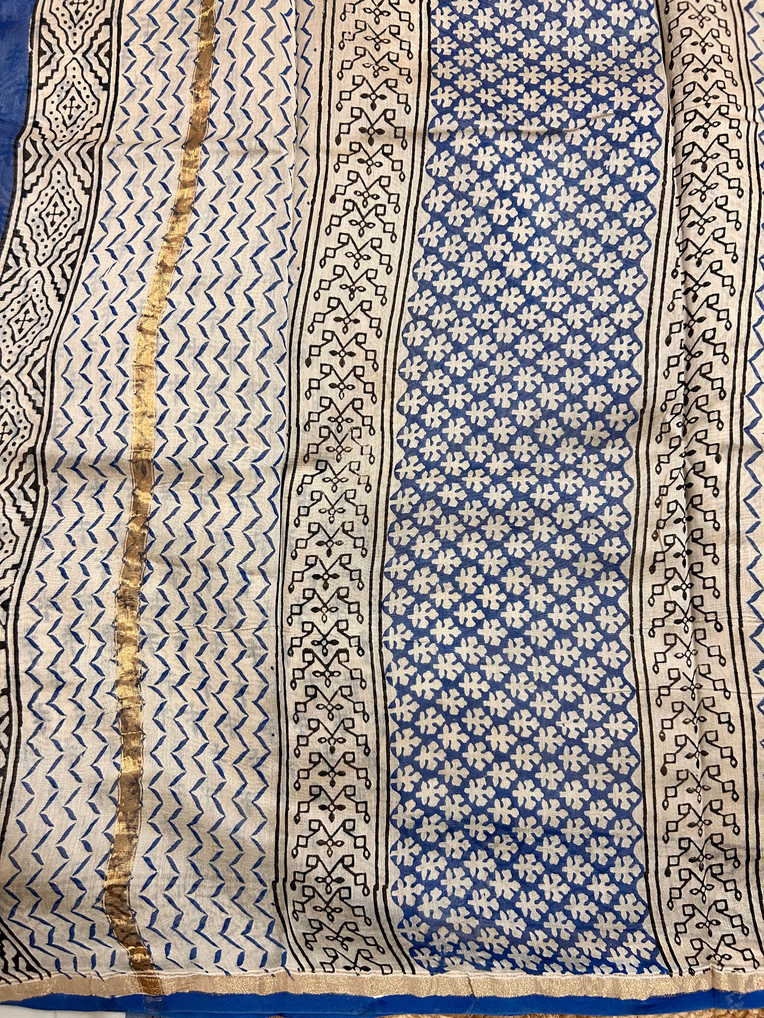Beige & Blue  Handblock-Printed Chanderi Saree