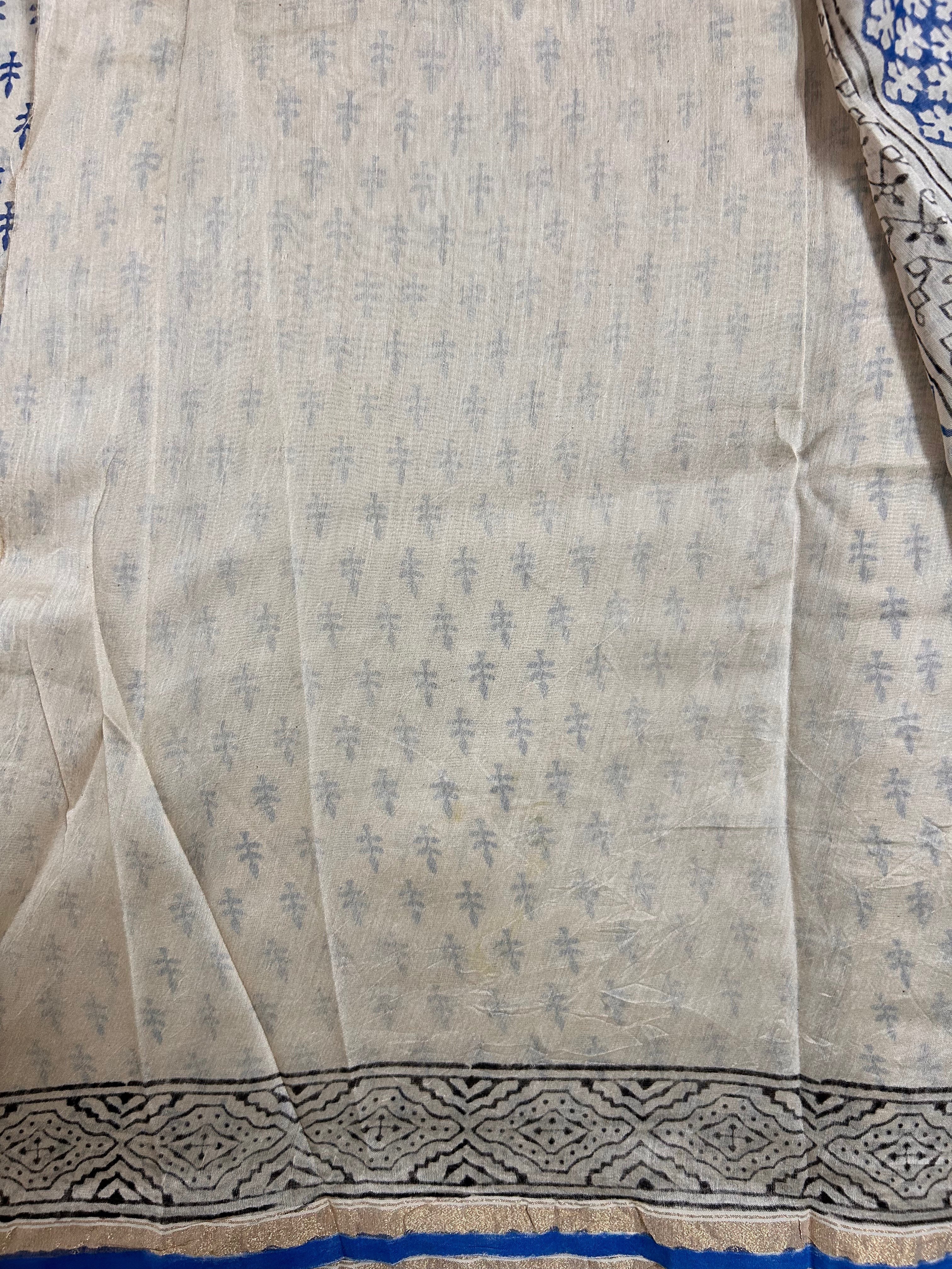 Beige & Blue  Handblock-Printed Chanderi Saree