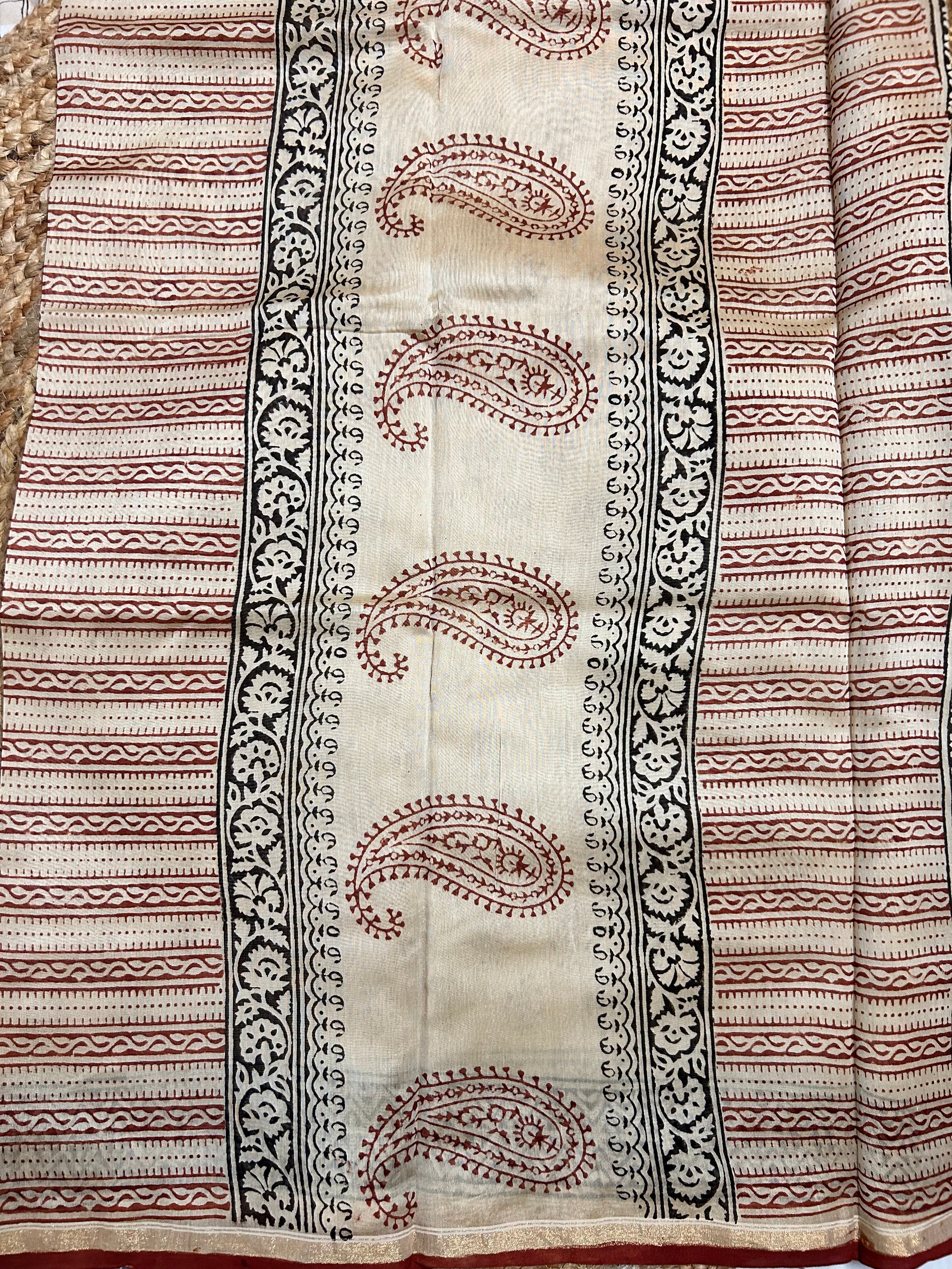 Beige & Rust  Handblock-Printed Chanderi Saree