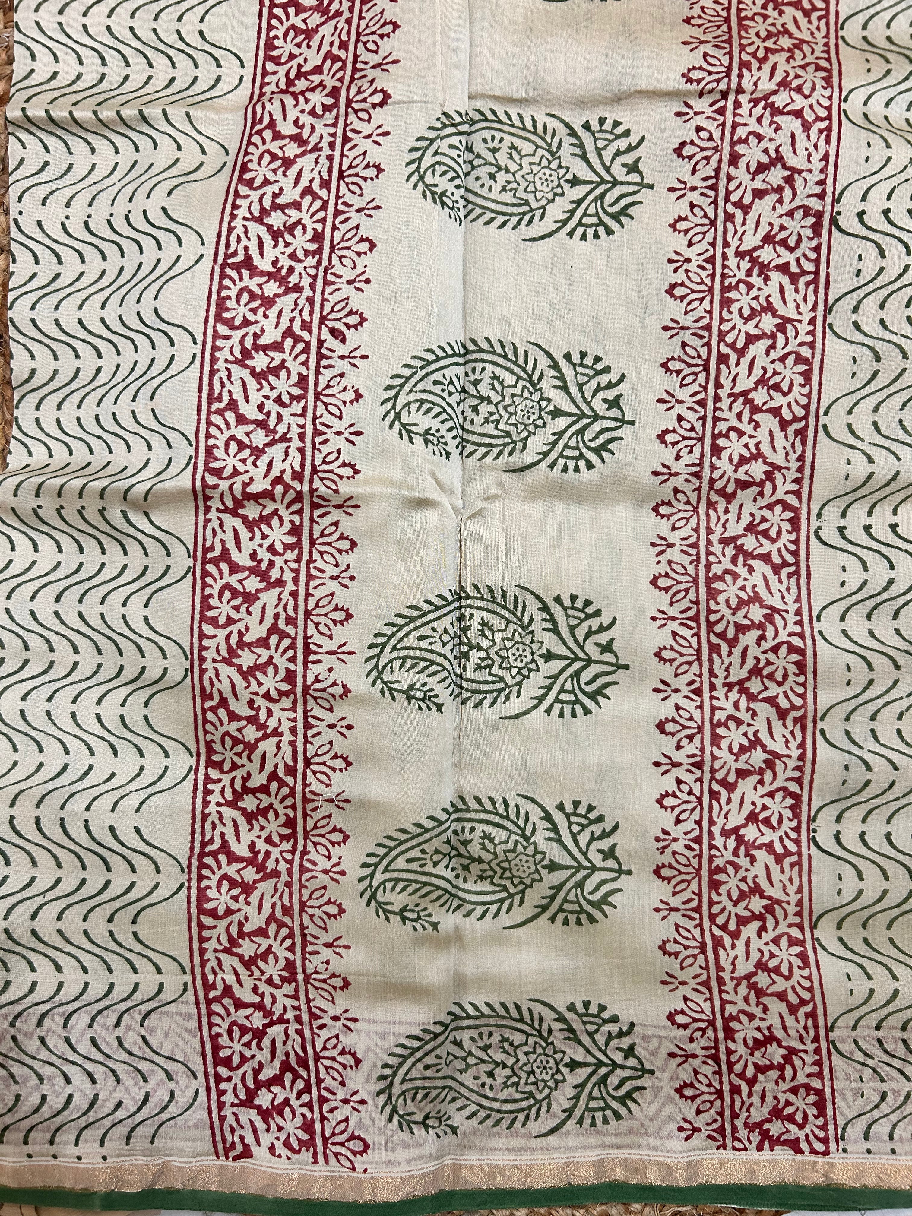 Beige & Green  Handblock-Printed Chanderi Saree