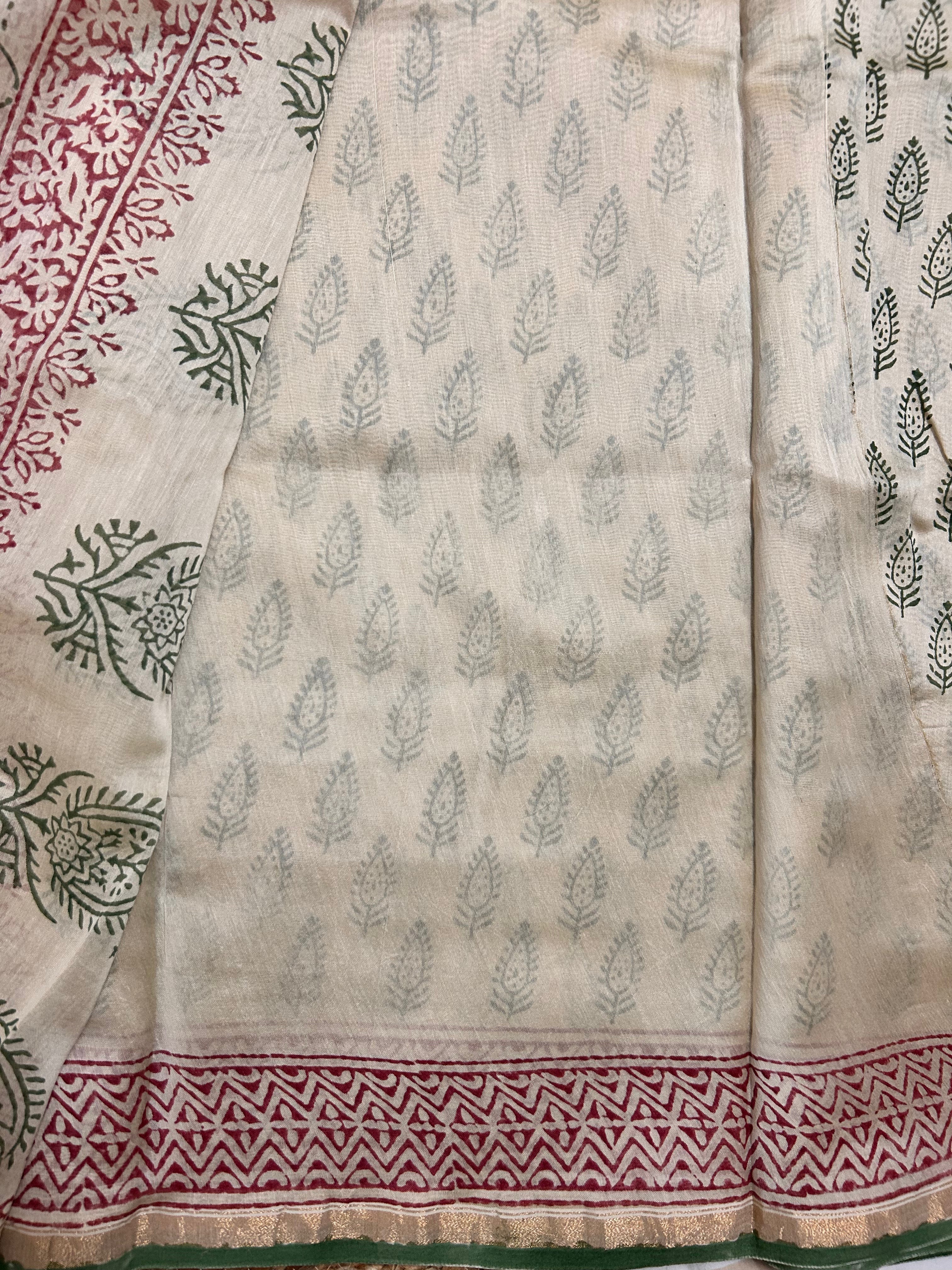 Beige & Green  Handblock-Printed Chanderi Saree