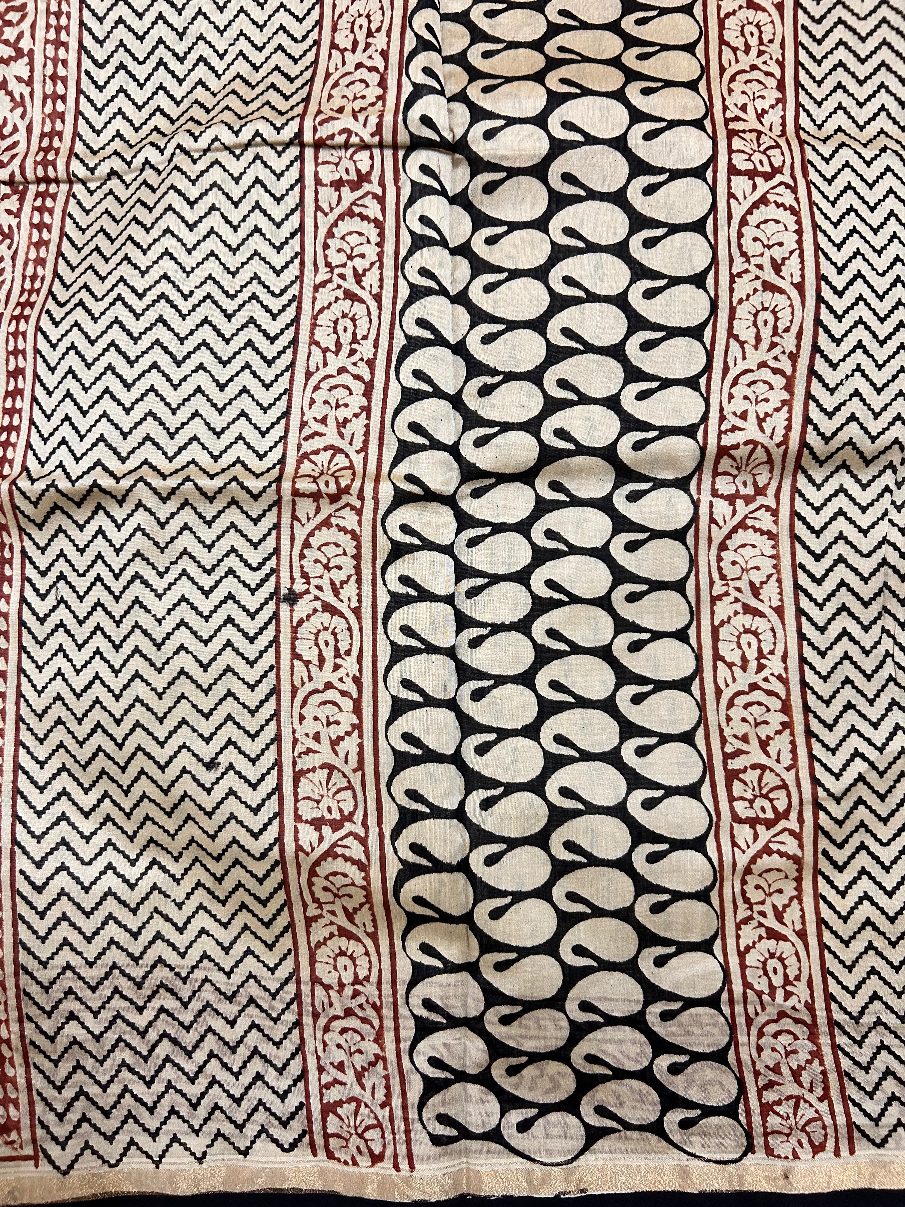 Beige & Black  Block-Printed Chanderi Saree