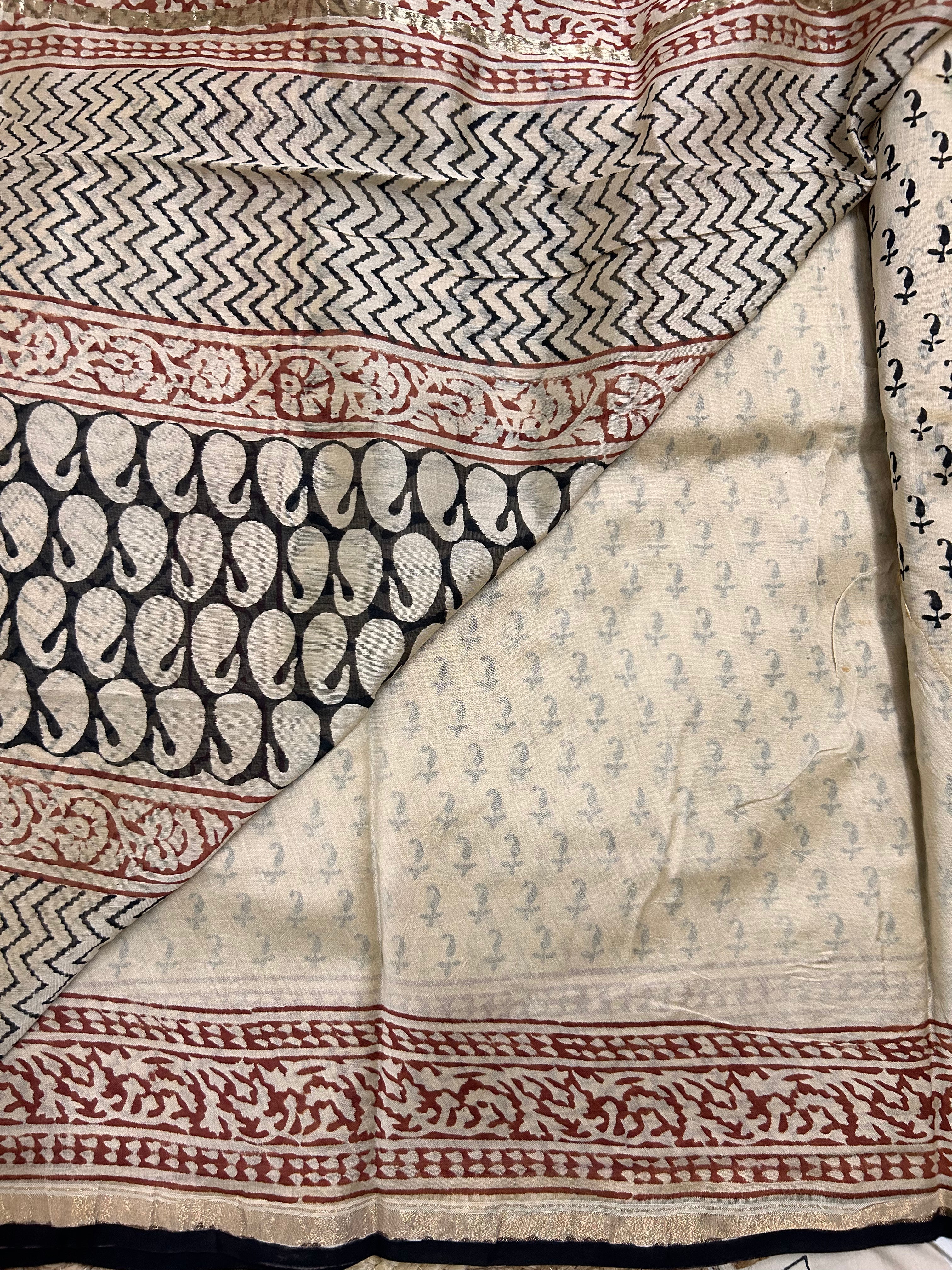 Beige & Black  Block-Printed Chanderi Saree