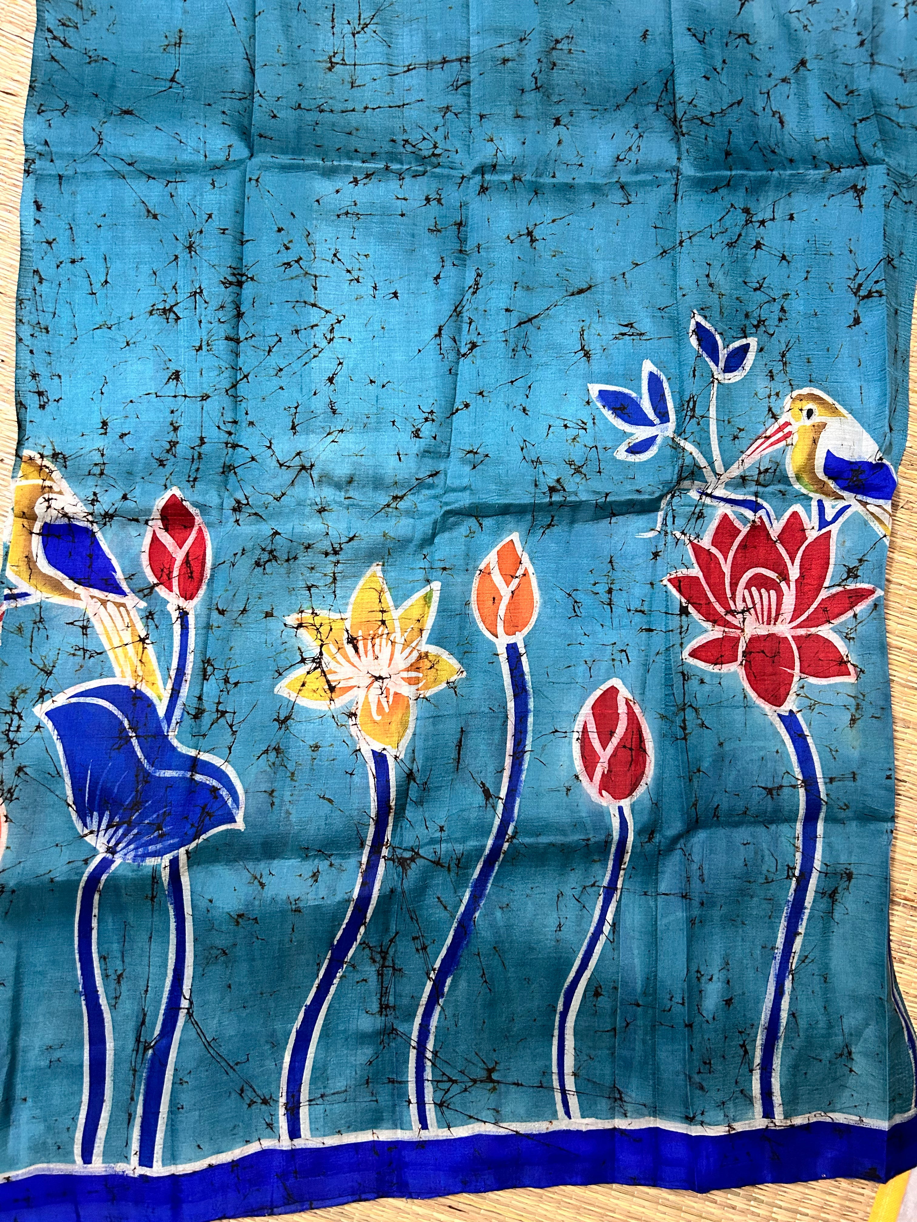 Teal Blue Bishapuri Silk Saree in Hand Wax Batik