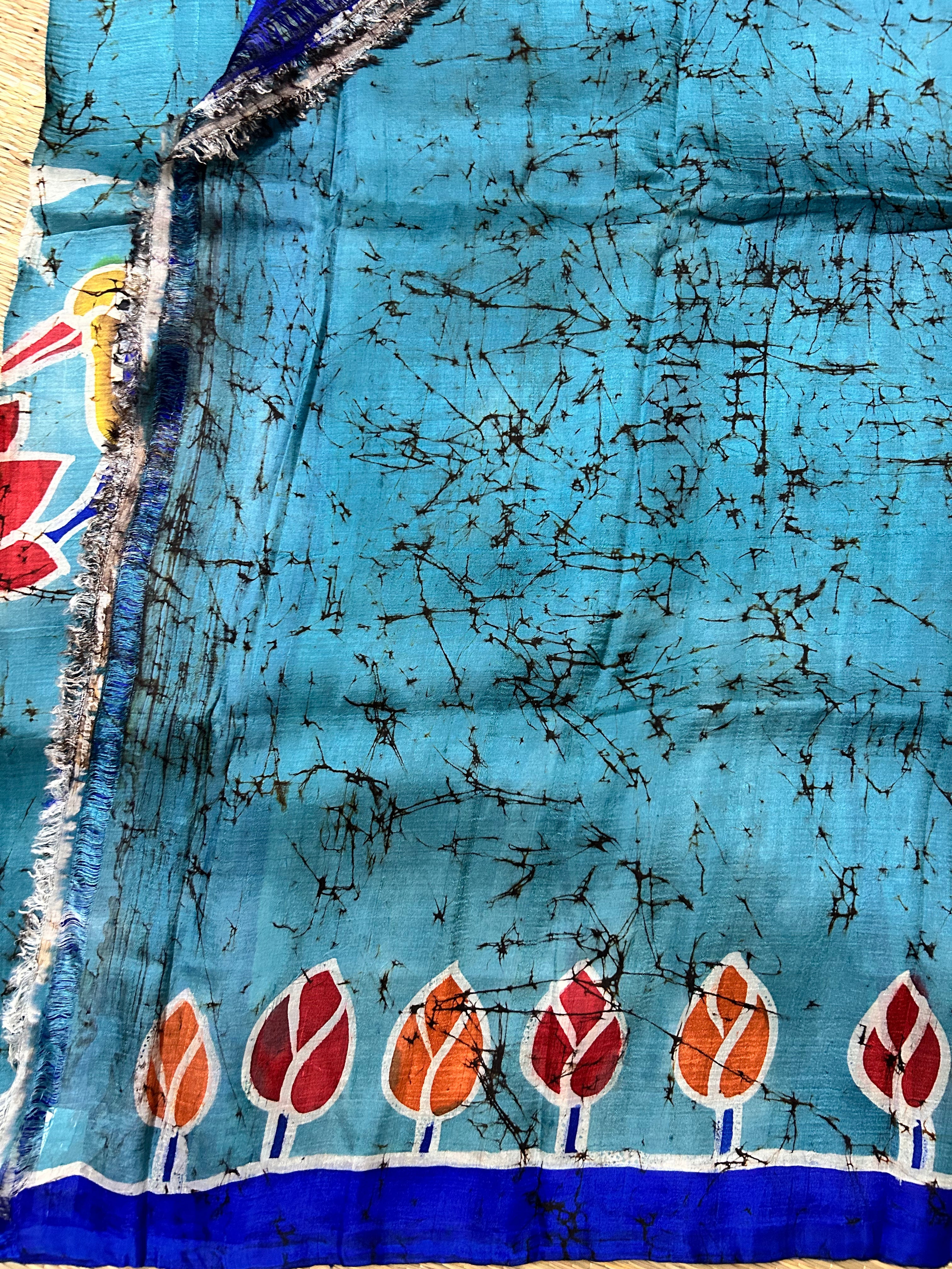 Teal Blue Bishapuri Silk Saree in Hand Wax Batik